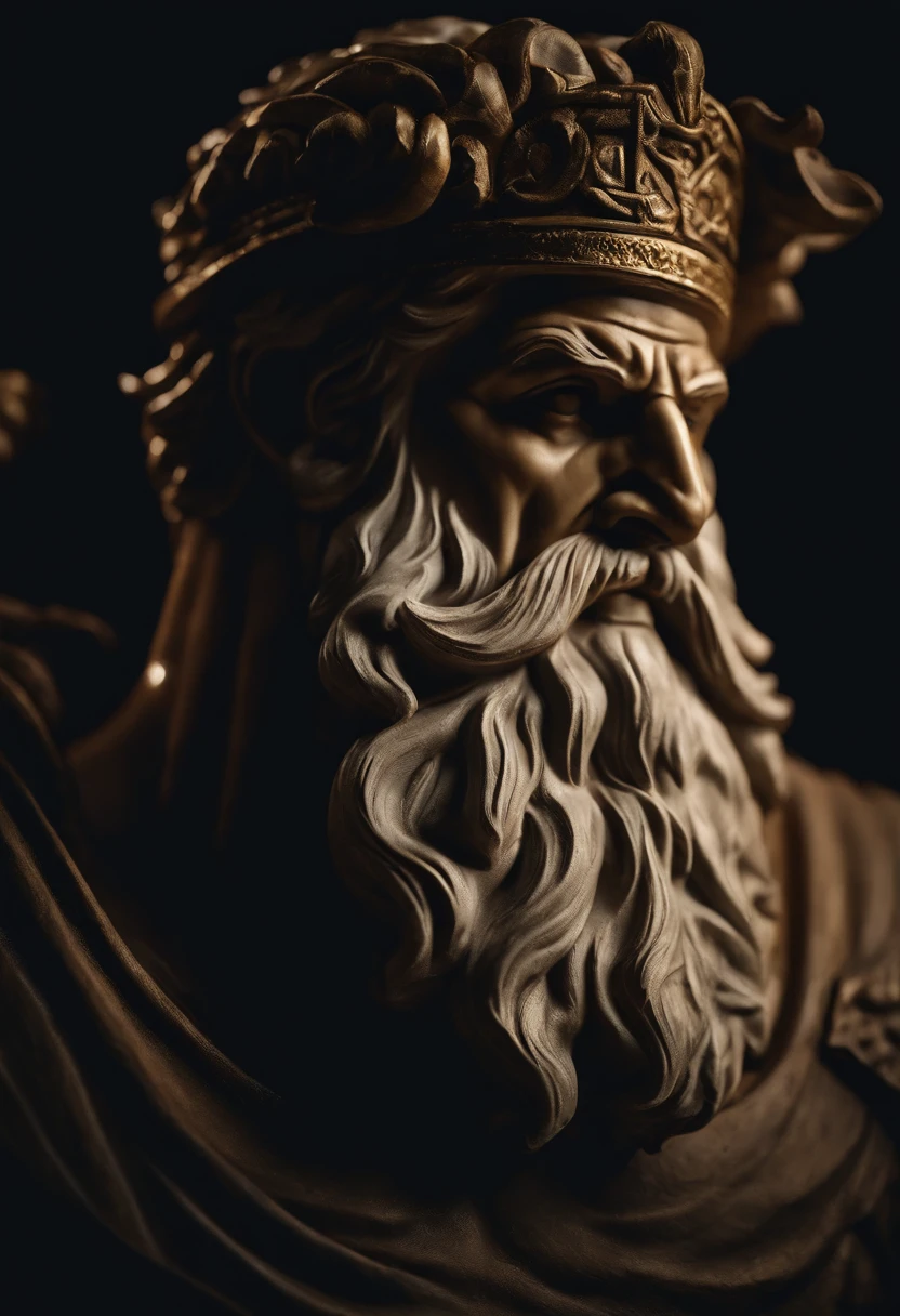 Zeus ruler of other Greek gods who is Greek historical status with Hercules profile muscles cinematic 8k and dark background