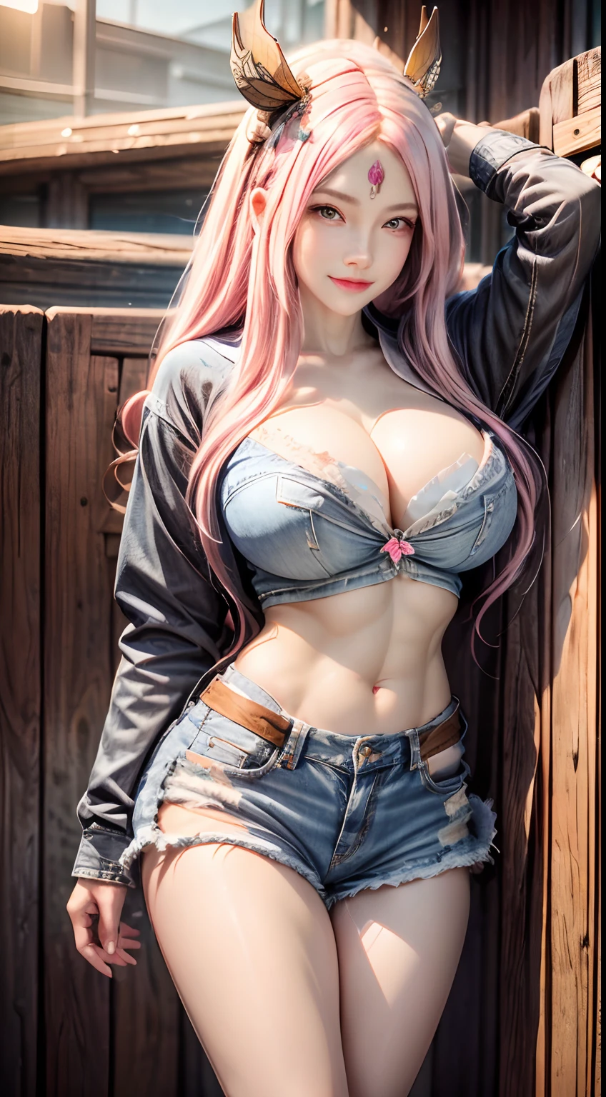 realistic, handiwork, best quality, highly detailed, 1girl, solo, cowgirl shot, pink hair, butterfly hair ornament, crop top, cleavage, Denim shorts, big round breasts, standing, school, outdoors , smile