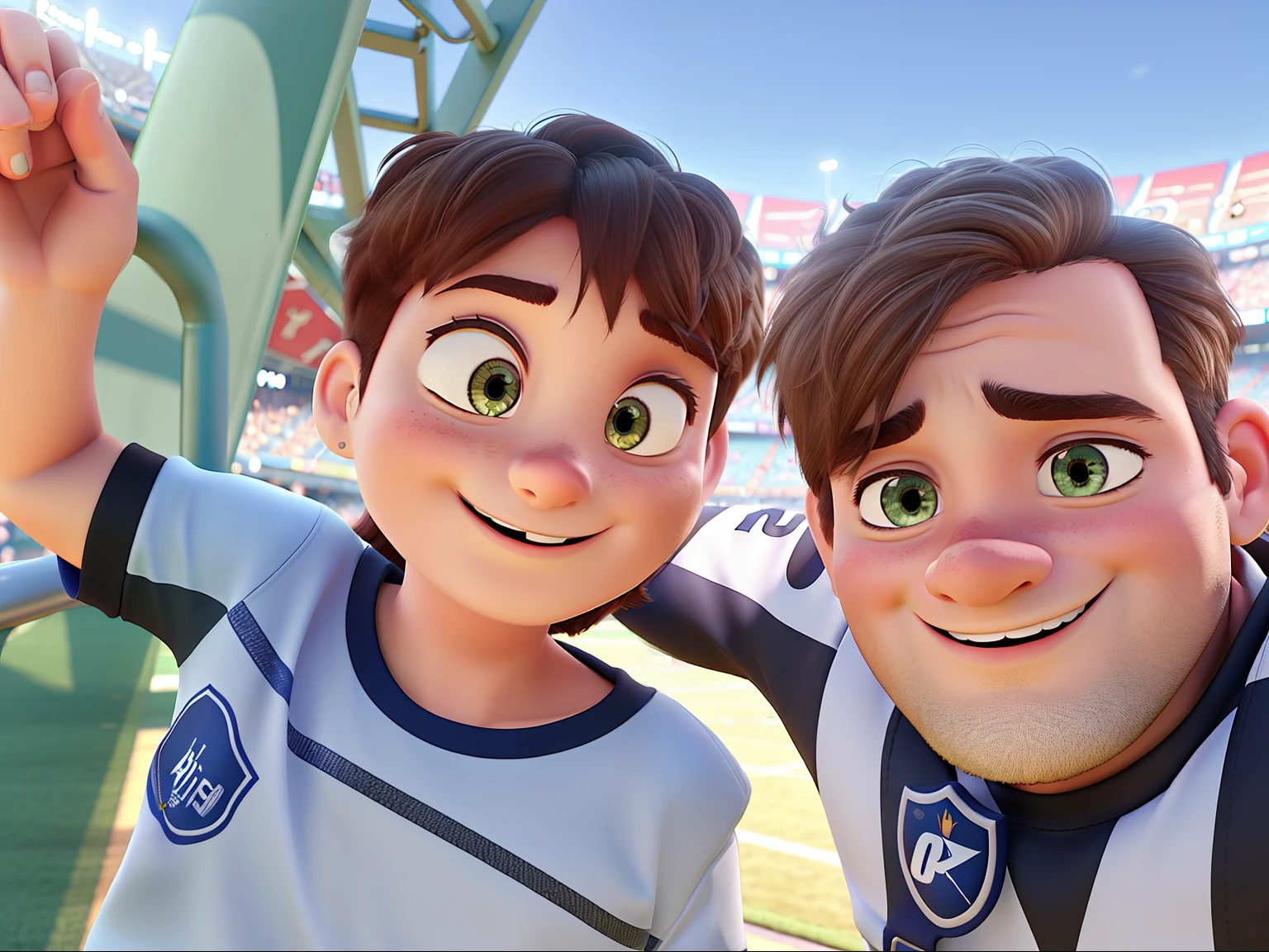 pixar style, ultra realistic, high quality, happy in football stadium