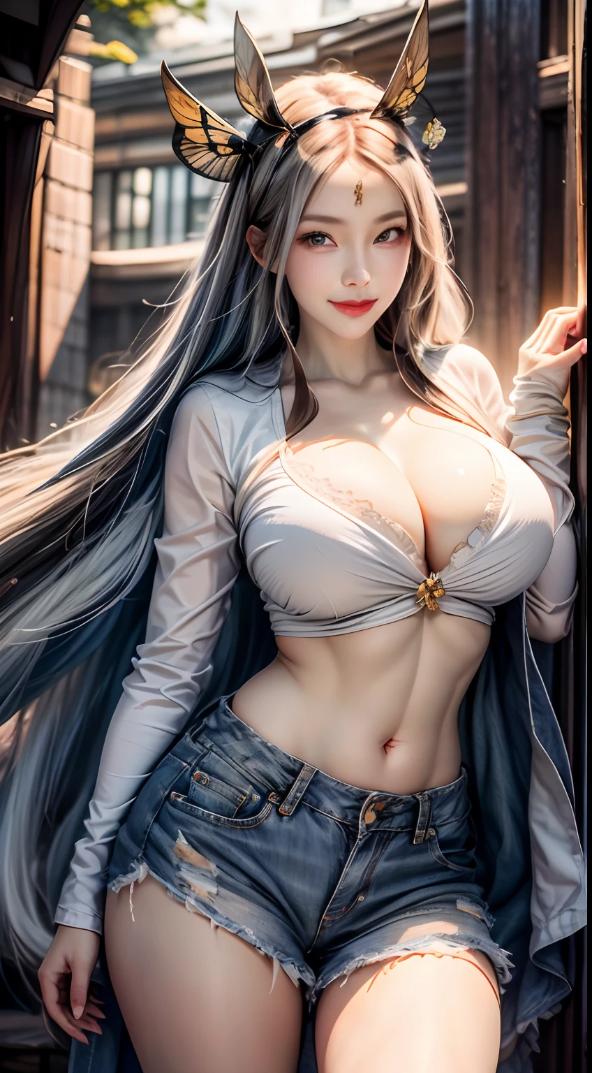 realistic, nuked, handiwork, best quality, highly detailed, 1girl, solo, cowgirl shot, dark hair, butterfly hairpiece, crop top, cleavage, denim shorts, big round tits, standing, school, outdoors , smile
