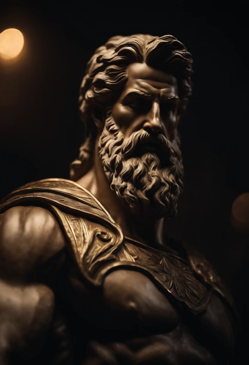 Zeus ruler of other Greek gods who is Greek historical status with Hercules profile muscles cinematic 8k and dark background