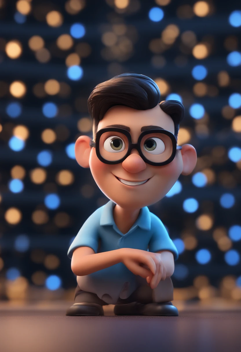 Cartoon character of a man with black glasses and a blue shirt, animation character, Caractere estilizado, animation style rendering, 3D estilizado, Arnold Maya render, 3 d render stylized, toon render keyshot, Personagem 3D, Personagem 3D, 3d rendering stylized, 3 d character render, personagem de desenho animado, Personagem de close up, Pose de personagem, (Estilo Pixar) (master part:1.2) (Bokeh) (best quality) (pele detalhada) (textura detalhada) (8k) (argila) (Cinematic lighting) (foco nítido