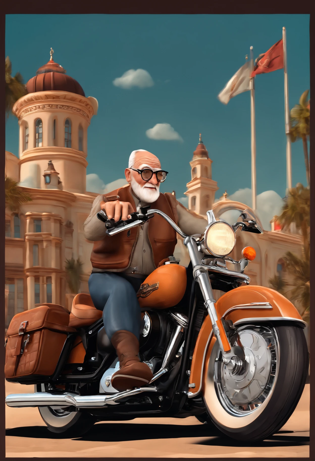 (best quality,3D rendering:1.2),Elderly man with glasses riding a Harley Davidson 883,Disney Pixar Style Poster, motocicleta, 3 d illustration, cores vibrantes, aventura, viagem, dynamic pose, arousal, Youthful spirit, velocidade, vento soprando, Detailed rendering, mostrar a sabedoria e a energia do personagem, nostalgic atmosphere