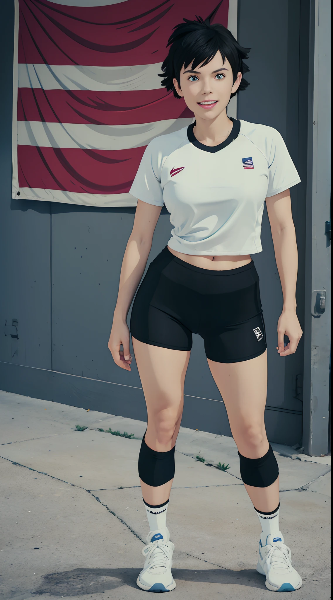 Female, Black hair, messy hair, short hairstyle, blue eyes, ears, nose, mouth, white teeth, tongue sticking out, medium breasts, fit, athletes figure, volleyball outfit, tight biker shorts, socks, shoe footwear, High quality, front view, Wallaper, close up, pinup, standing upright