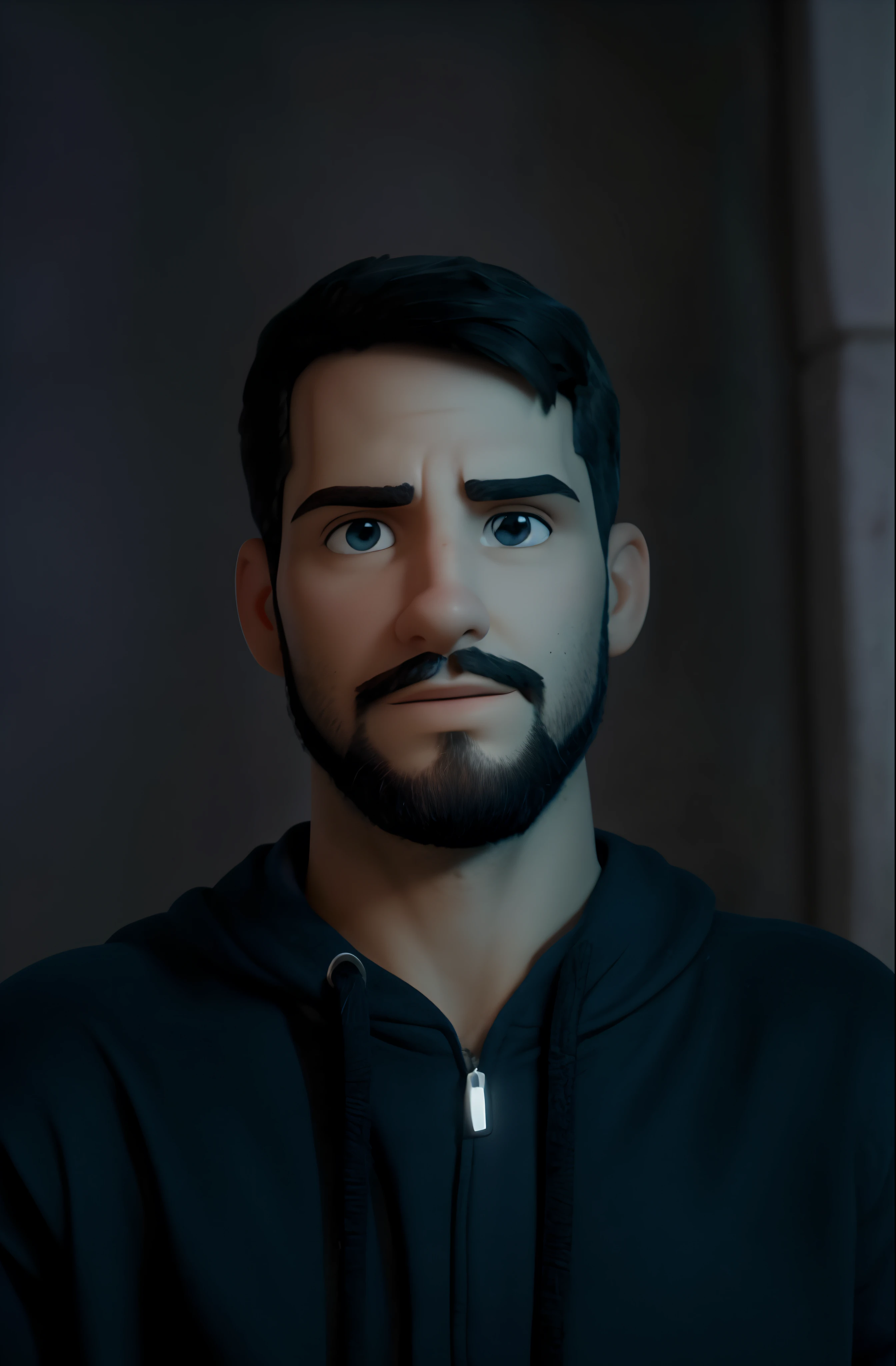 Fundo preto com luz no rosto, Homem de aproximadamente 25 anos com barba fios levemente longos, brown eyes and serious face!