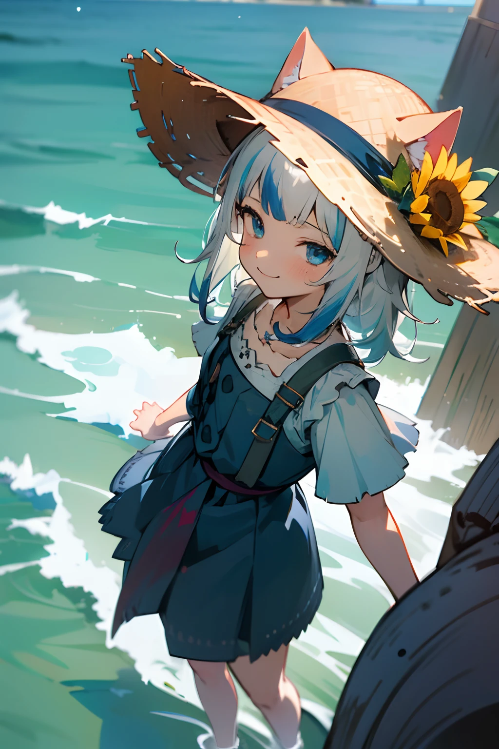 ((Gawr gura)), ((masterpiece)), wide shot, (Professional Photography:1.2), from above, (gura_neko), blue dress, put on cat ears, (ultra-detailed), (((incredibly absurdres))), 1girl, solo, flat chest, smile, blue, ocean+background, sunflower, straw hat, dynamic angle,female focus,{light particles},detailed background, (((by Paul Hedley))),Soft Lighting, sunset
