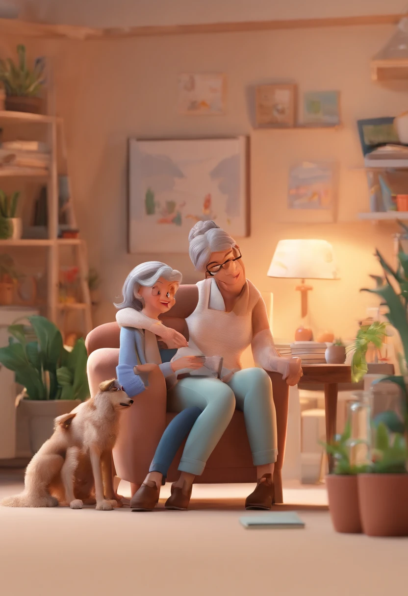 Pixar style a mother in a ponytail, a 60-year-old woman with long gray hair, and a brown border collie dog on her lap