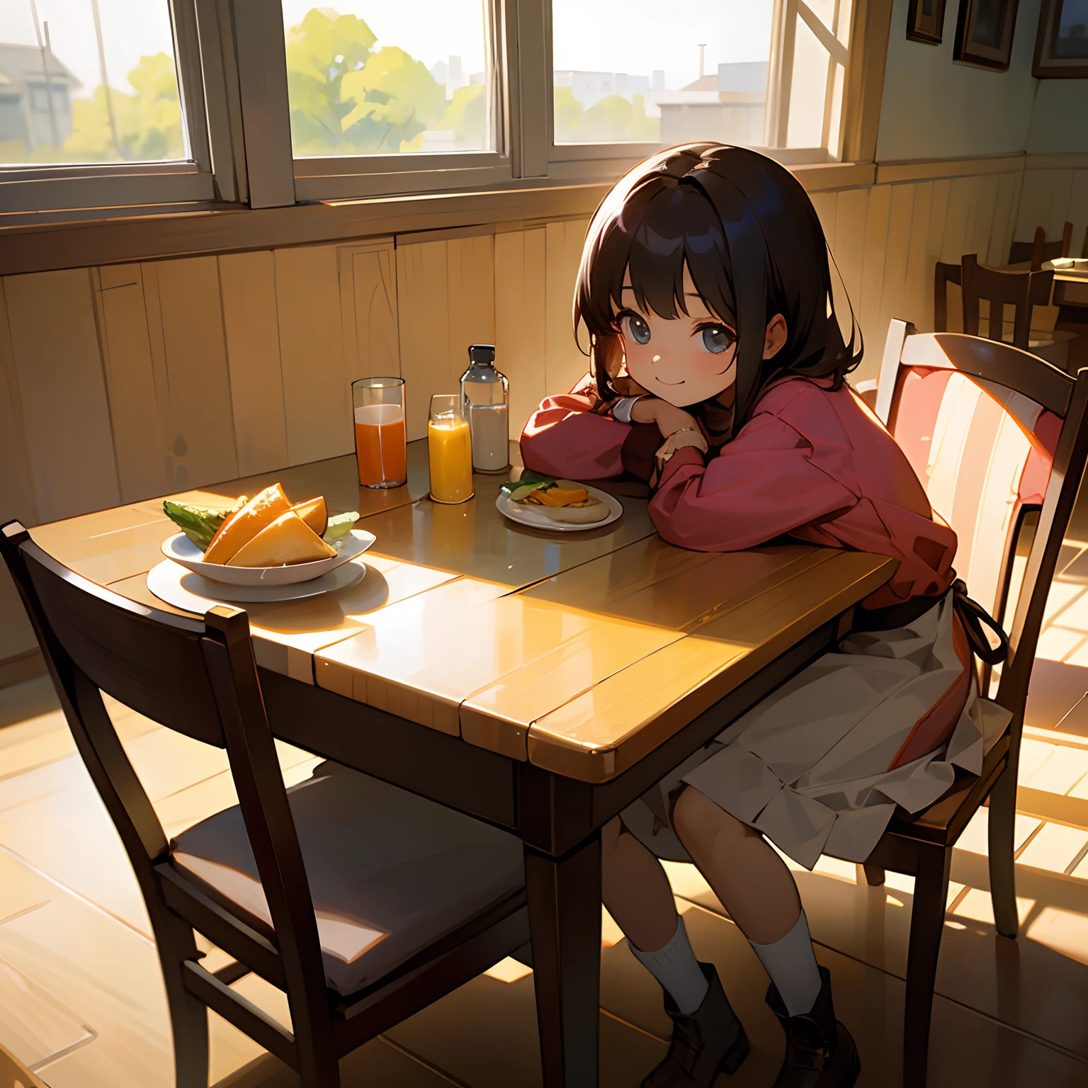 Western-style restaurant, A 5-year-old girl sits at a dining table, ssmile, Juice on the table,Western breakfast on the plate, Sunlight outside the window.