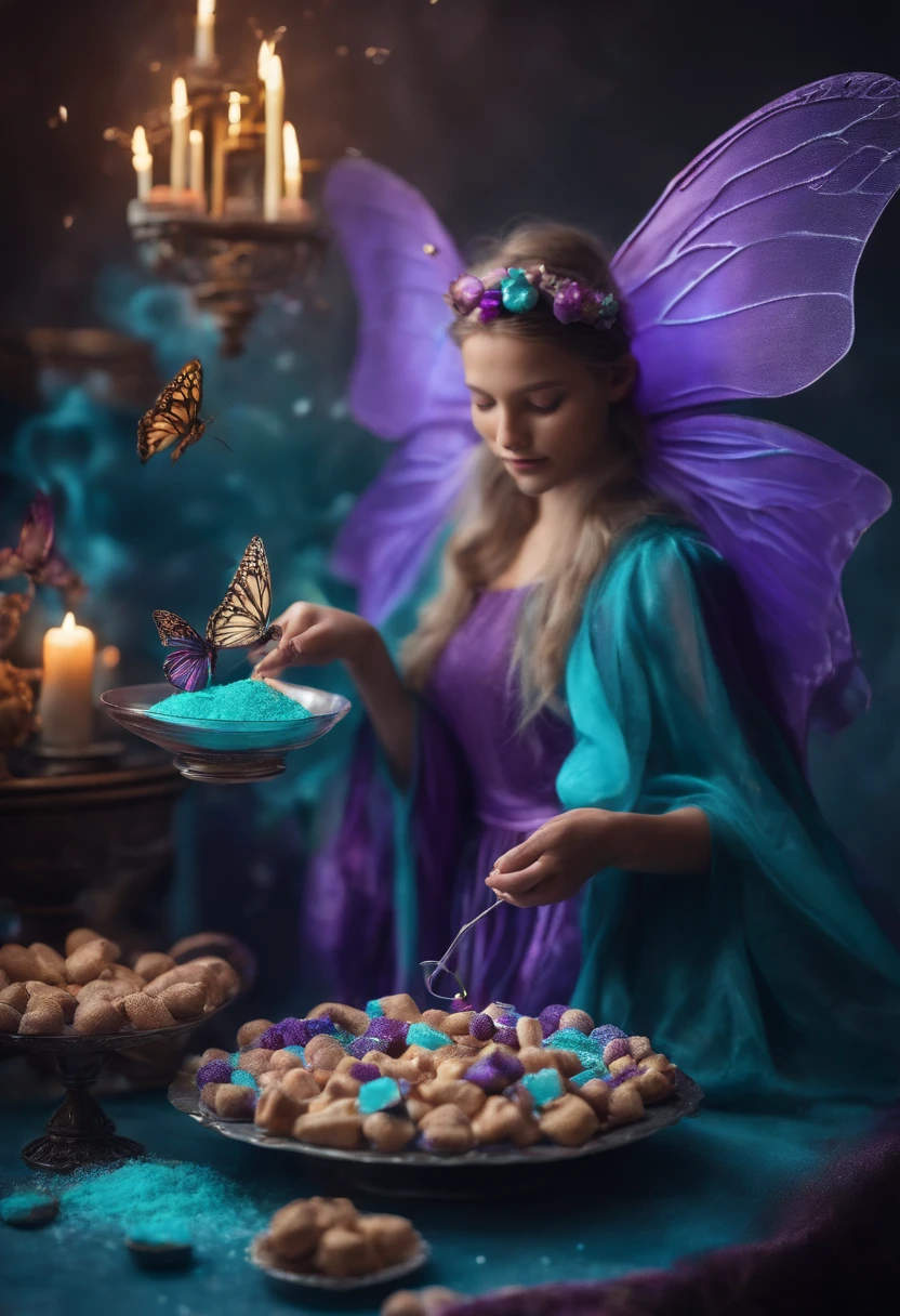 image of a wizard and a fairy making sweets with a butterfly behind with purple and turquoise falling sugar