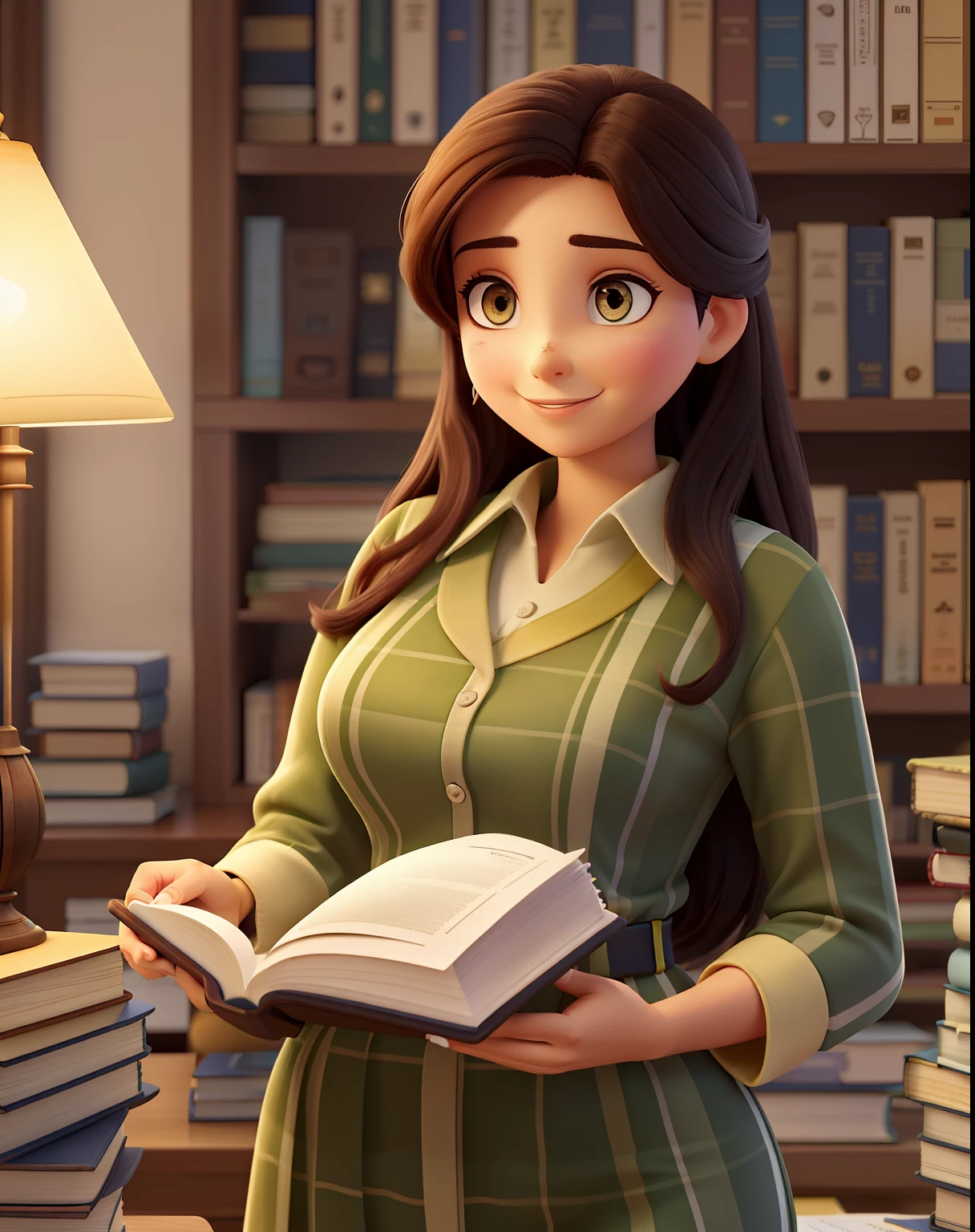 Uma mulher branca, magra, fine strokes, com franjinha, cabelo grande liso e castanho, olhos castanhos, parada na frente, usando roupa elegante, segurando o livro orgulho e preconceito, illuminated by the light of a lamp, contra o pano de fundo de uma biblioteca, alta qualidade