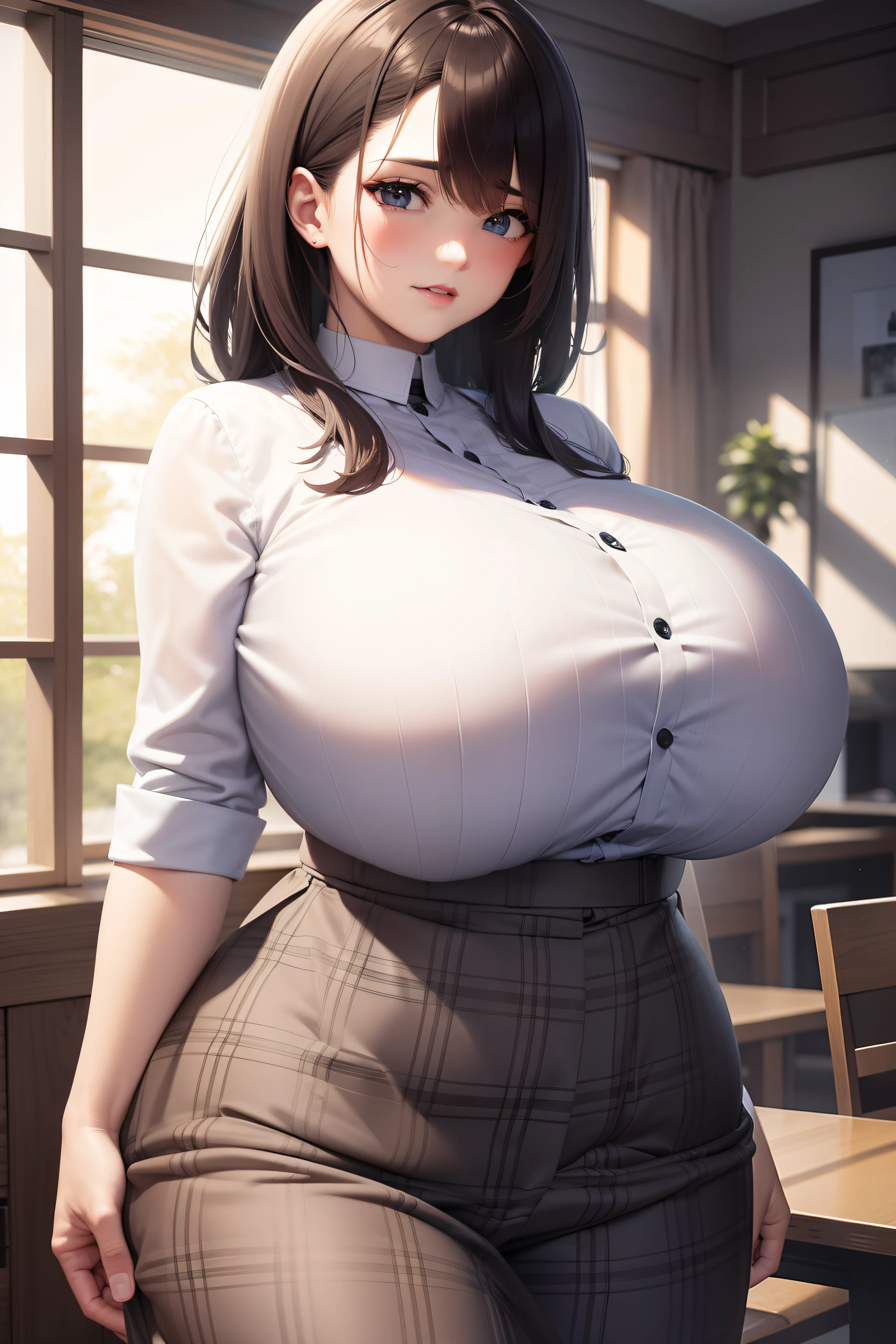 Anime girl in skirt posing in a room with a window, OPPAI, (SFW) Seguro para el trabajo, Proporciones OPPAI, Thicc, SFW pechos enormes, pechos grandes!, Colegiala hiperrealista, Anime CG arte suave, Una colegiala hiperrealista, con unos pechos grandes, pechos grandes!!, Pechos cubiertos y SFW, Detalles pesados