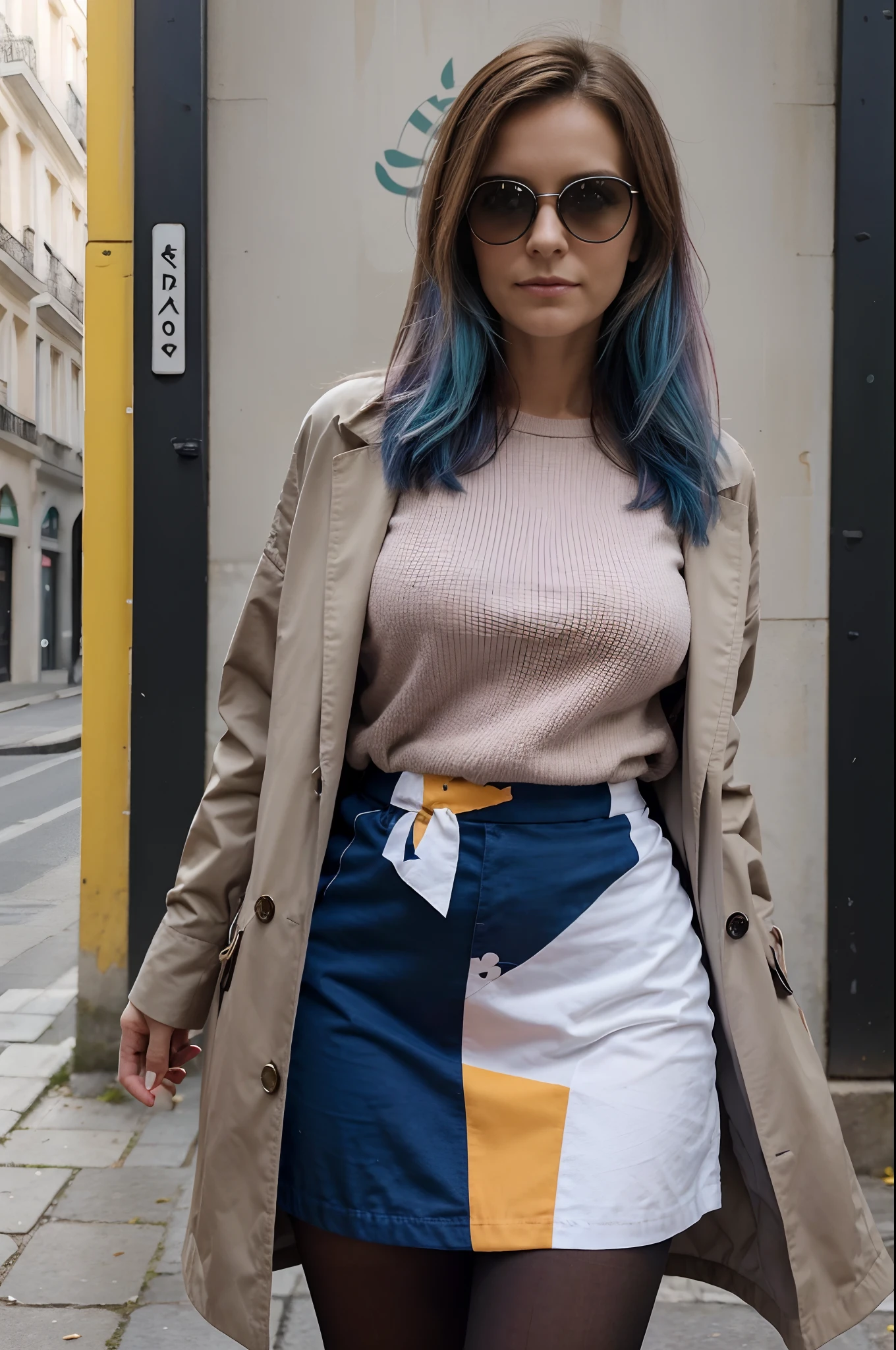 (meilleure qualité, réaliste : 1,37), moyen : huiles, une élégante milf mature avec de longs cheveux colorés, portant des lunettes et une écharpe. Elle est habillée d’une manière rétro inspirée des années 1890, avec des vêtements faits de fourrure Sa tenue est complétée par des talons hauts. La peinture doit avoir un style portrait, avec des couleurs vives et un éclairage chaleureux.