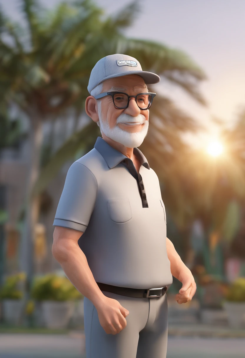 Elderly man in gray cap, glasses with black frame , camiseta preta gola polo, black shorts, chinelo branco, bigode grisalho
