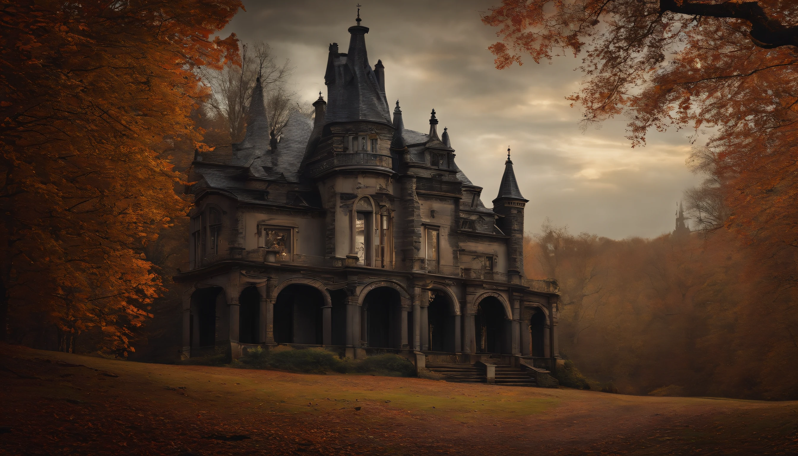 Fiesta Spooky con muchas brujas y fantasmas sobrevolando, Estilo de arte de pared, gothic style, estilo Dark, estilo Vintage, autumn season.