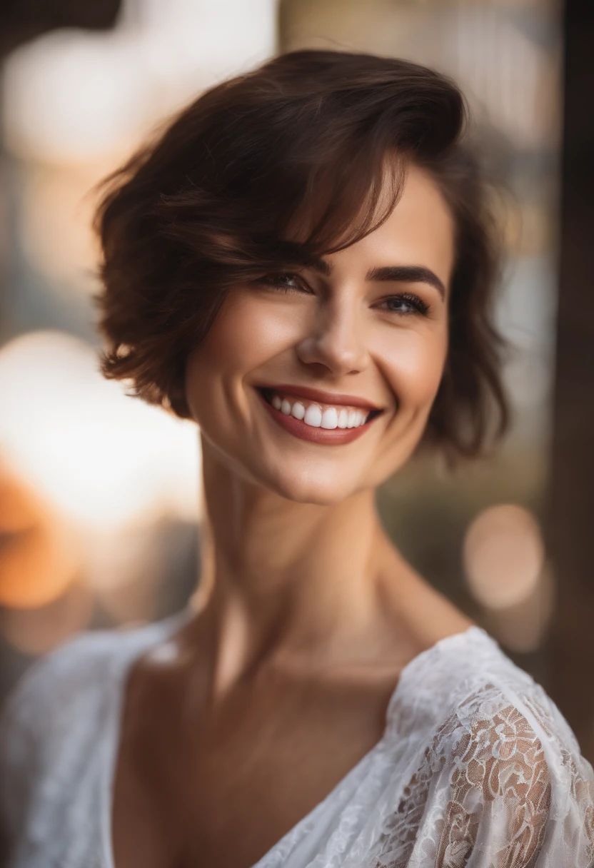 brunette woman with short hair wearing a white shirt on a blurred background smiling