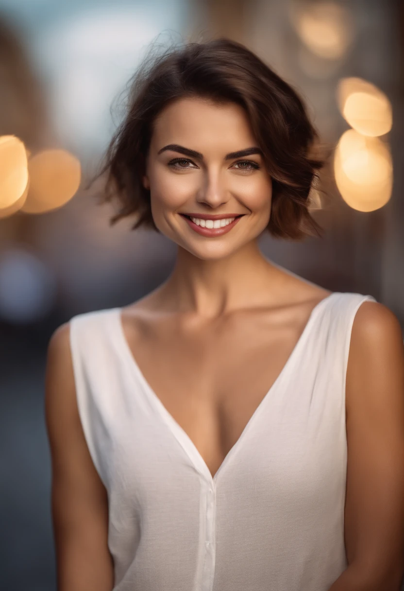 brunette woman with short hair wearing a white shirt on a blurred background smiling