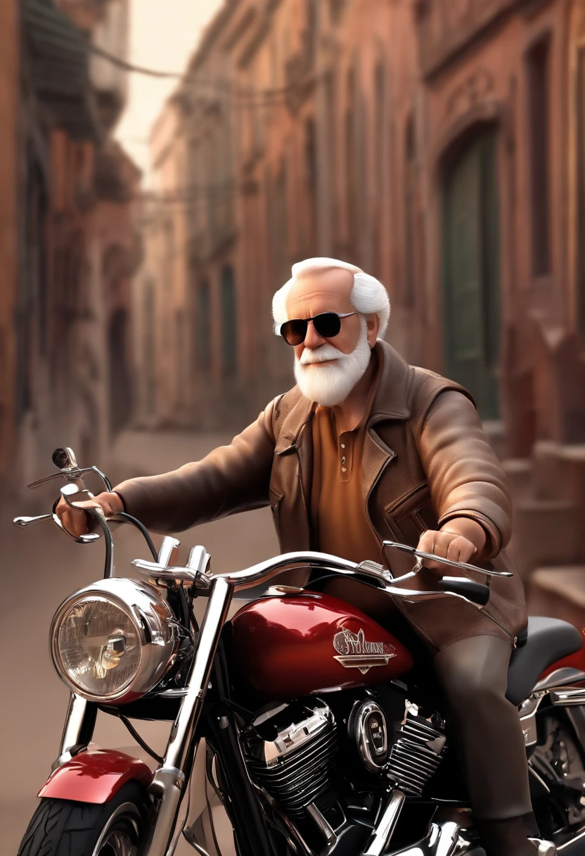 (best quality,3D rendering:1.2),Elderly man with glasses riding a Harley Davidson 883,Disney Pixar Style Poster, motocicleta, 3 d illustration, cores vibrantes, aventura, viagem, dynamic pose, arousal, Youthful spirit, velocidade, vento soprando, Detailed rendering, mostrar a sabedoria e a energia do personagem, nostalgic atmosphere