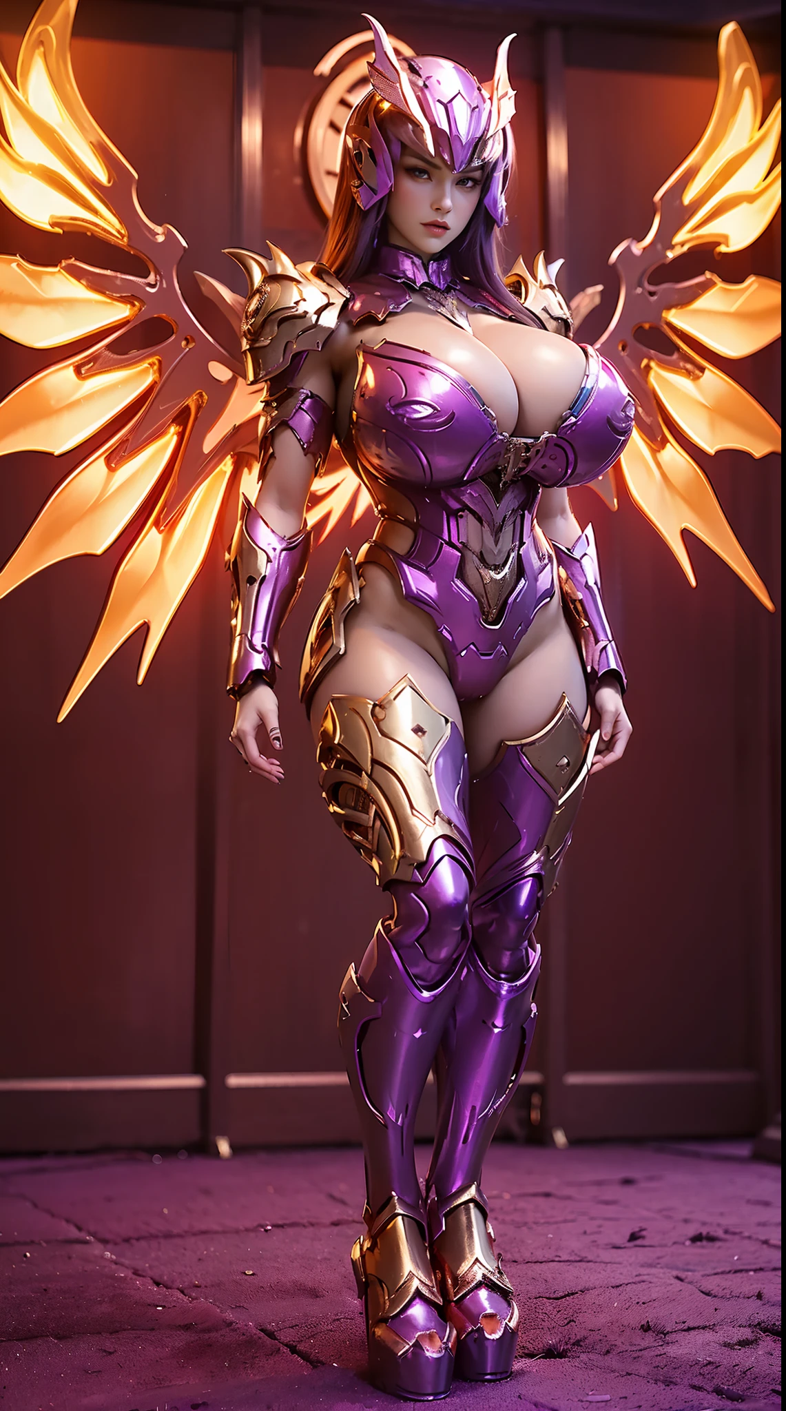 A WOMAN, BEAUTIFULL FACE, HUGE BOOBS, RGB, RED, GOLD, PURPLE, MECHA ARMOR FULL GEAR, (SUIT), (CLEAVAGE), (A PAIR LARGEST WINGS), (FULL BODY:1), TRANSPARANT, TALL LEGS, STANDING, SEXY BODY, MUSCLE ABS.