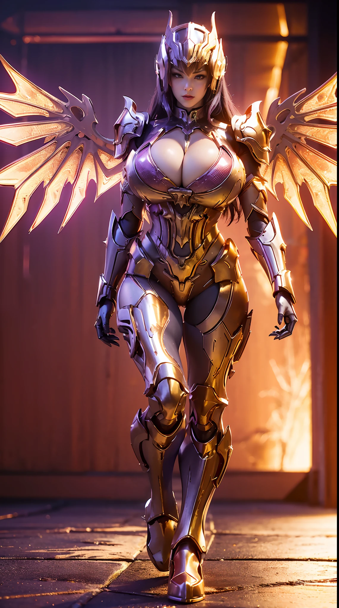 A WOMAN, BEAUTIFULL FACE, HUGE BOOBS, RGB, RED, GOLD, PURPLE, MECHA ARMOR FULL GEAR, (SUIT), (CLEAVAGE), (A PAIR LARGEST WINGS), (FULL BODY:1), TRANSPARANT, TALL LEGS, STANDING, SEXY BODY, MUSCLE ABS.