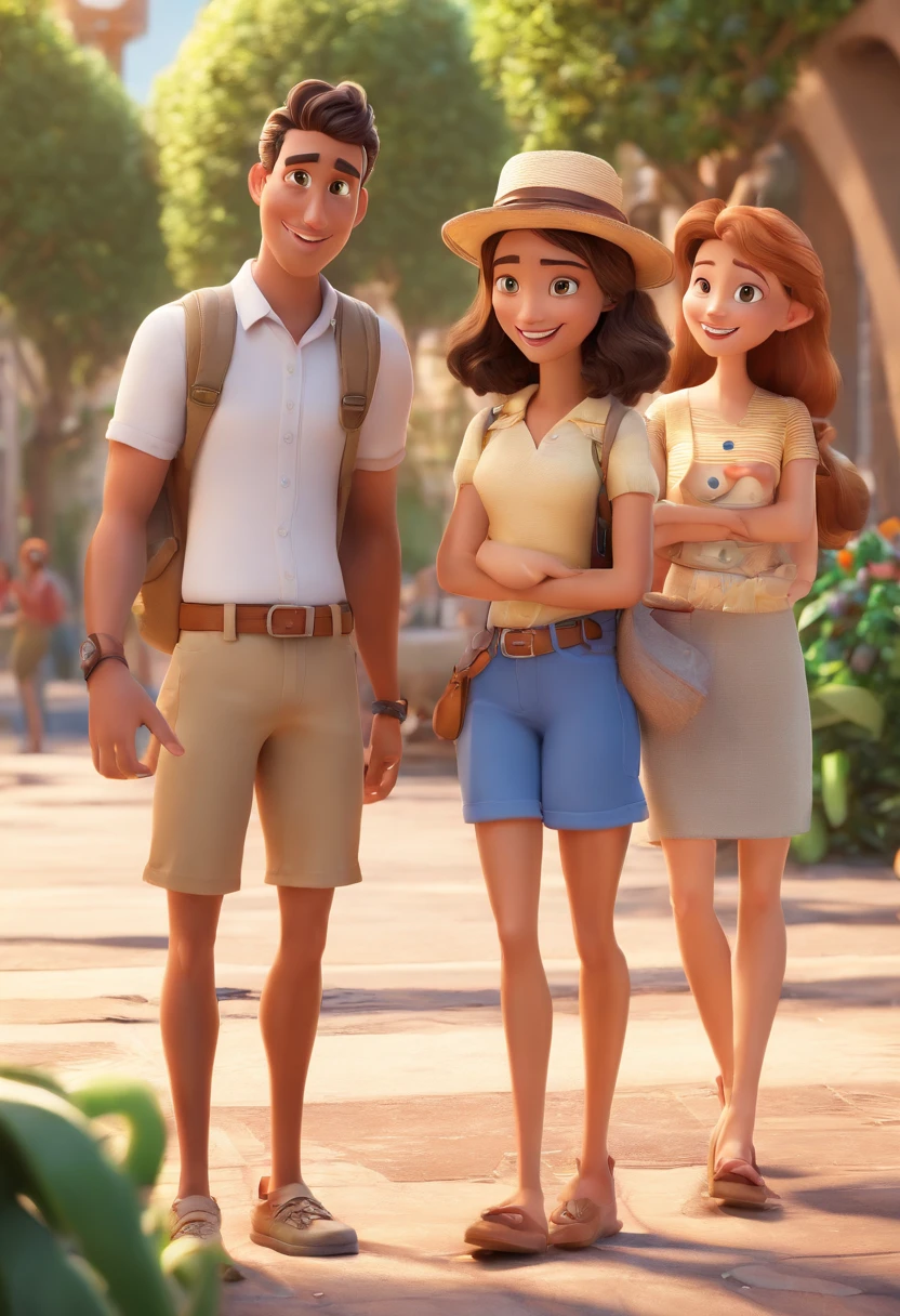 Cartoon of friends having fun on vacation together, 3D Animation Movie Poster, Poster de filme animado, pixar 3 d animation style, pixar renderman rendering, maia 8 mil, animated film, Disney Pixar Estilo 3D, amigos felizes saem juntos, all wearing light blue shirts and cream brown long pants, camisa azul clara, cream brown pants, ao ar livre, vacation, Disney Pixar Animation Poster