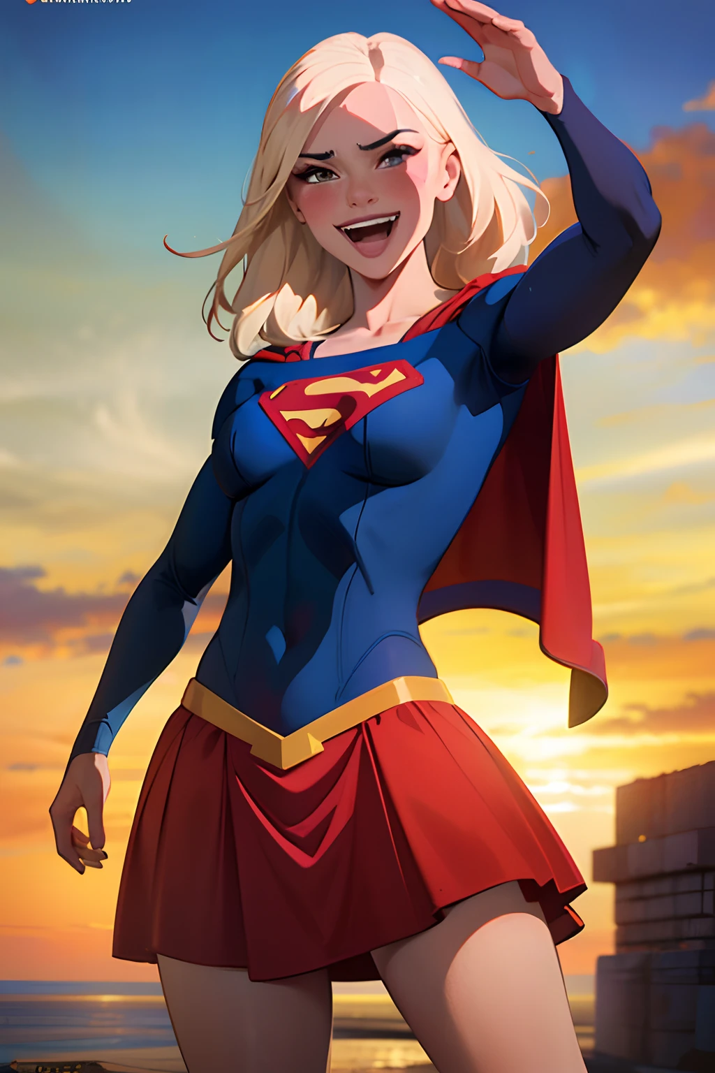 capa de revista:1.4),texto em negrito,Buscar, Supergirlfit, cabelos muito longos, cabelos loiros, cabelo entre os olhos, rabo de cavalo alto, Fechaduras laterais, Olhos azuis, Supergirl, roupas brilhantes, impossible bodysuit, Pele apertada, skirt, Olhando para o Viewer sorrindo, (blush vermelho,irritado:1.2),(pernas musculosas:1.3), (heroic pose), ((She's flying over planet earth))