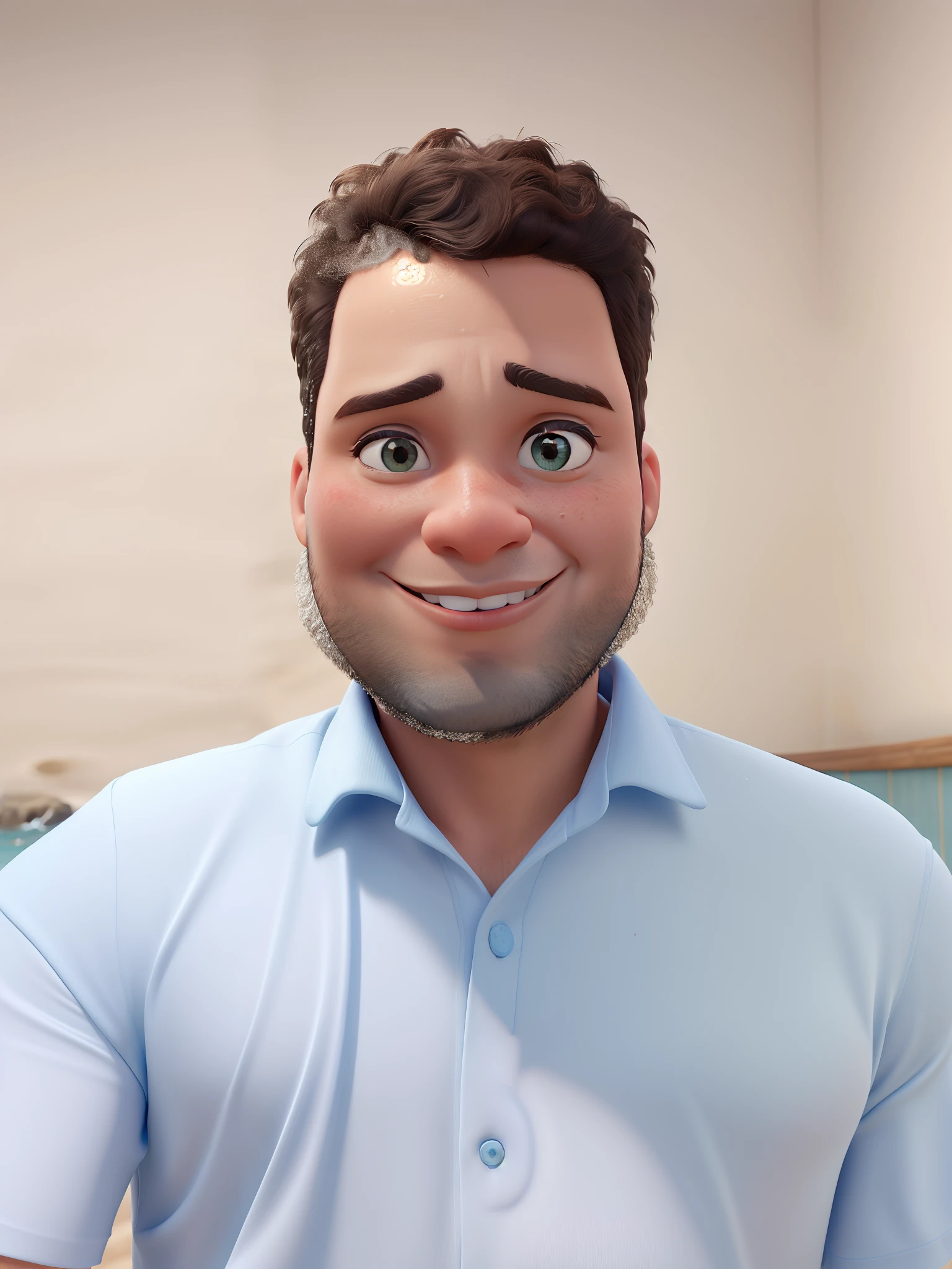 Make it Disney Pixar style, com a imagem de fundo na praia e com trajes de banho de praia.