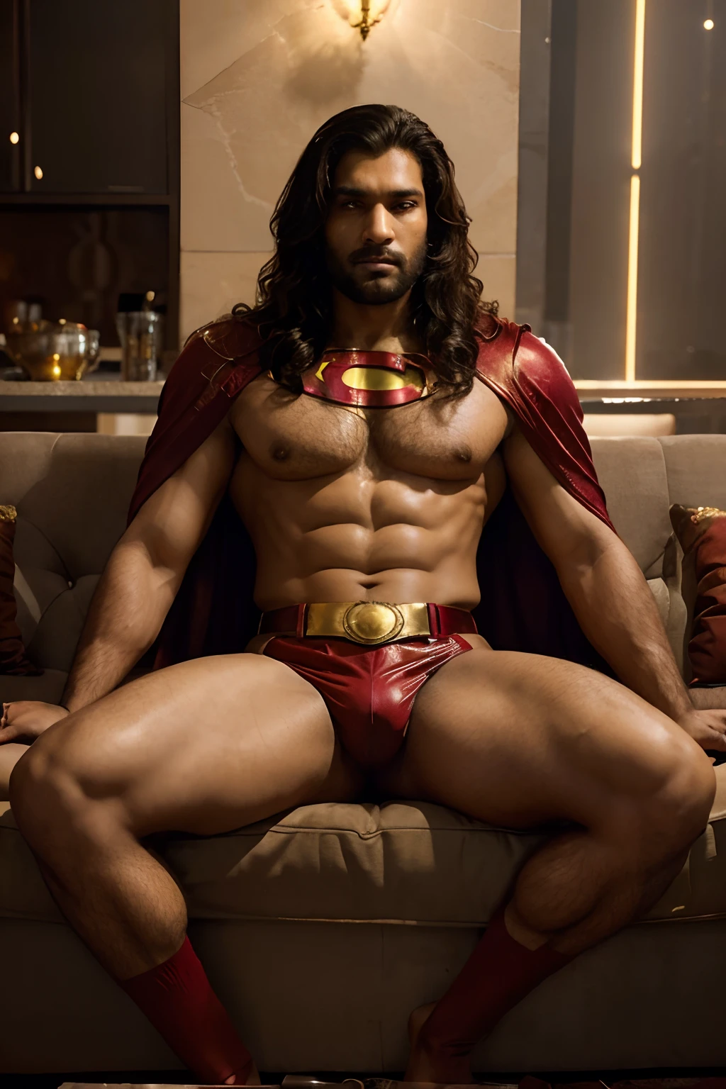 Indian Man in Shiny Tight Golden Latex Short Underpants, Bare Body, Medium Long curly Hair falling aside face, Beards, Red Cape, Superman Symbol Gold Belt, Big , Bulky Physique, Dominating for Sex, Sitting on a Couch, Whipping, Hairy Body, Dark Semi-ruined Cyberpunk City in Background