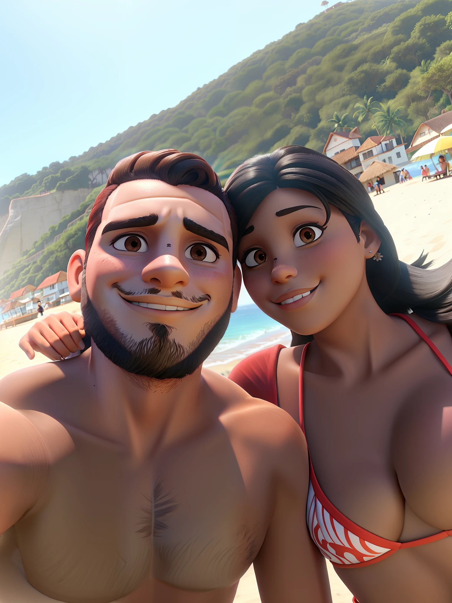 Casal (homem moreno e mulher morena com cabelo preto) They're on the beach, com o mar, areia e montanha no fundo da imagem.