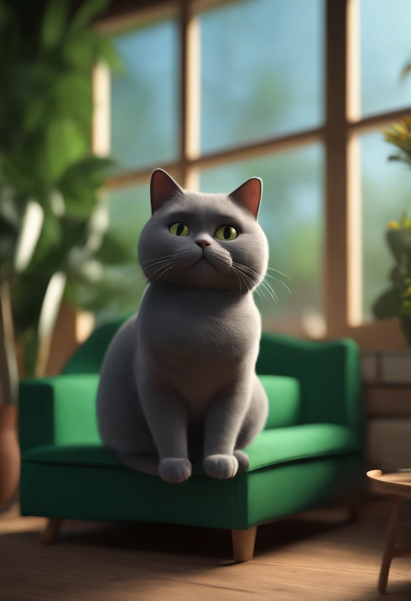 Cartoon character of a grey fat british short hair cat sitting on a green sofa, black wall and window to garden, animation character, Caractere estilizado, animation style rendering, 3D estilizado, Arnold Maya render, 3 d render stylized, toon render keyshot, Personagem 3D, Personagem 3D, 3d rendering stylized, 3 d character render, personagem de desenho animado, Personagem de close up, Pose de personagem, (Estilo Pixar) (master part:1.2) (Bokeh) (best quality) (pele detalhada) (textura detalhada) (8k) (argila) (Cinematic lighting) (foco nítido