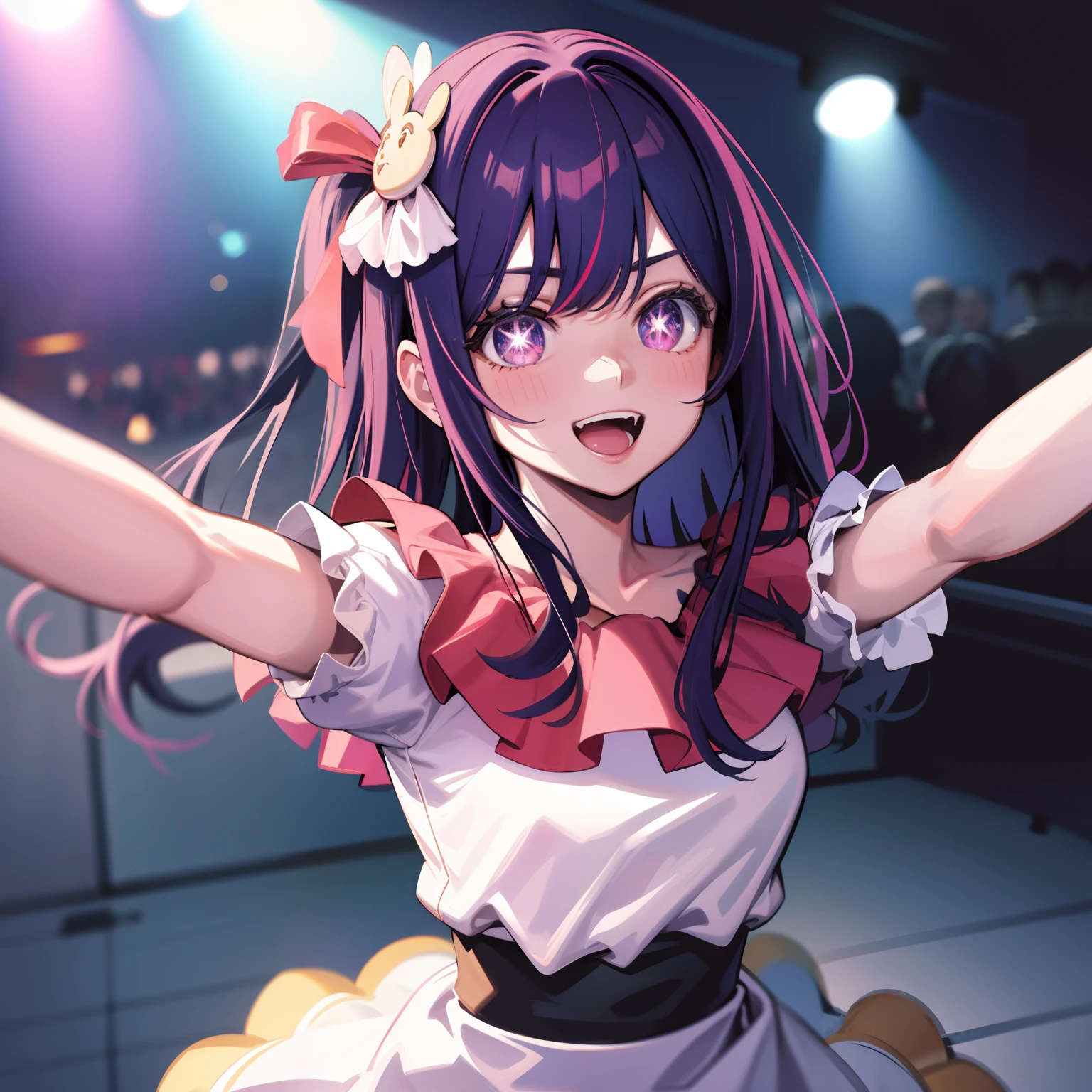 Ai Hoshino taking a selfie, frilled dress, crowd, :D, Masterpiece, Best Quality, Highly detailed