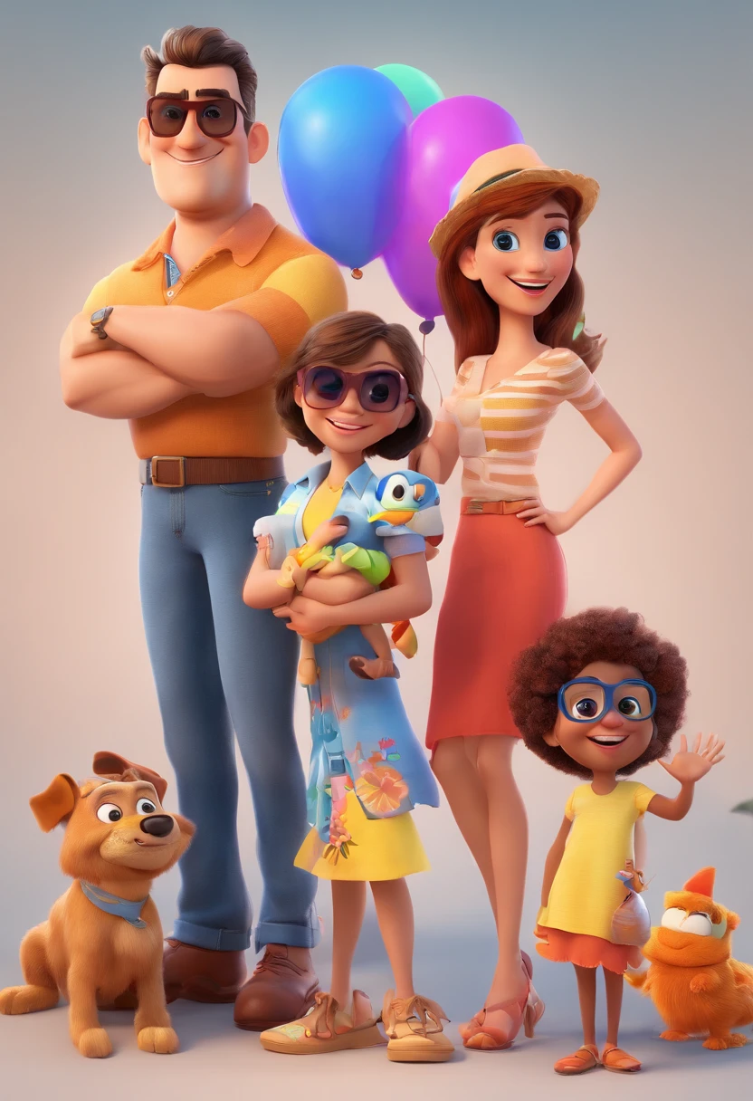 Cartoon of family having fun on vacation together, Tall bald dad with sunglasses, mae branca, cabelos louro escuro com oculos de sol, filha adolescente de anos, cabelos ruivo escuro e bebe menina sorrindo. 3 d animation, Poster de filme animado, pixar 3 d animation style, pixar renderman rendering, maia 8 mil, animated film, Disney Pixar Estilo 3D, Disney Pixar Animation Poster