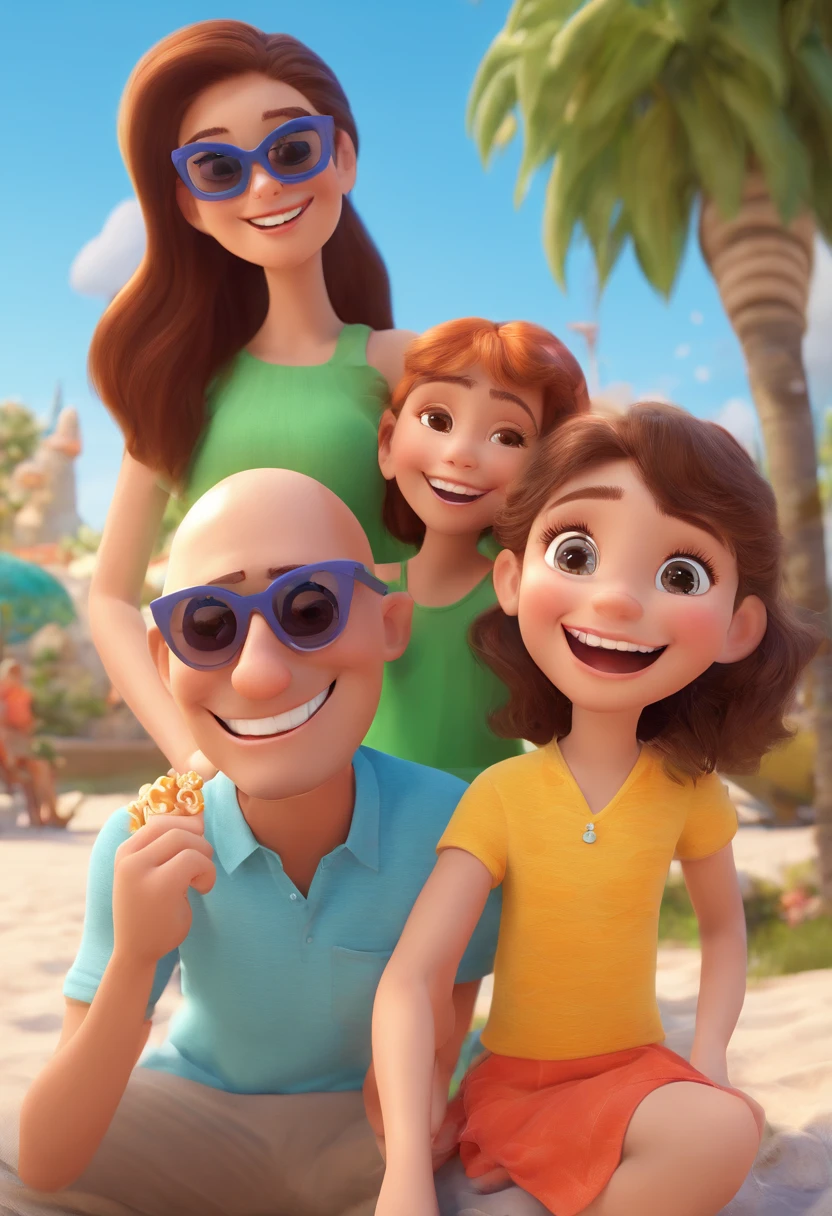 Cartoon of family having fun on vacation together, Tall bald dad with sunglasses, mae branca, cabelos louro escuro com oculos de sol, filha adolescente de anos, cabelos ruivo escuro e bebe menina sorrindo. 3 d animation, Poster de filme animado, pixar 3 d animation style, pixar renderman rendering, maia 8 mil, animated film, Disney Pixar Estilo 3D, Disney Pixar Animation Poster