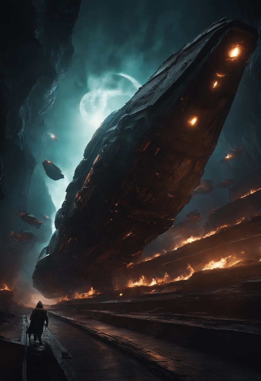 Create a warhammer spaceship escaping the warp. Make this grim dark.