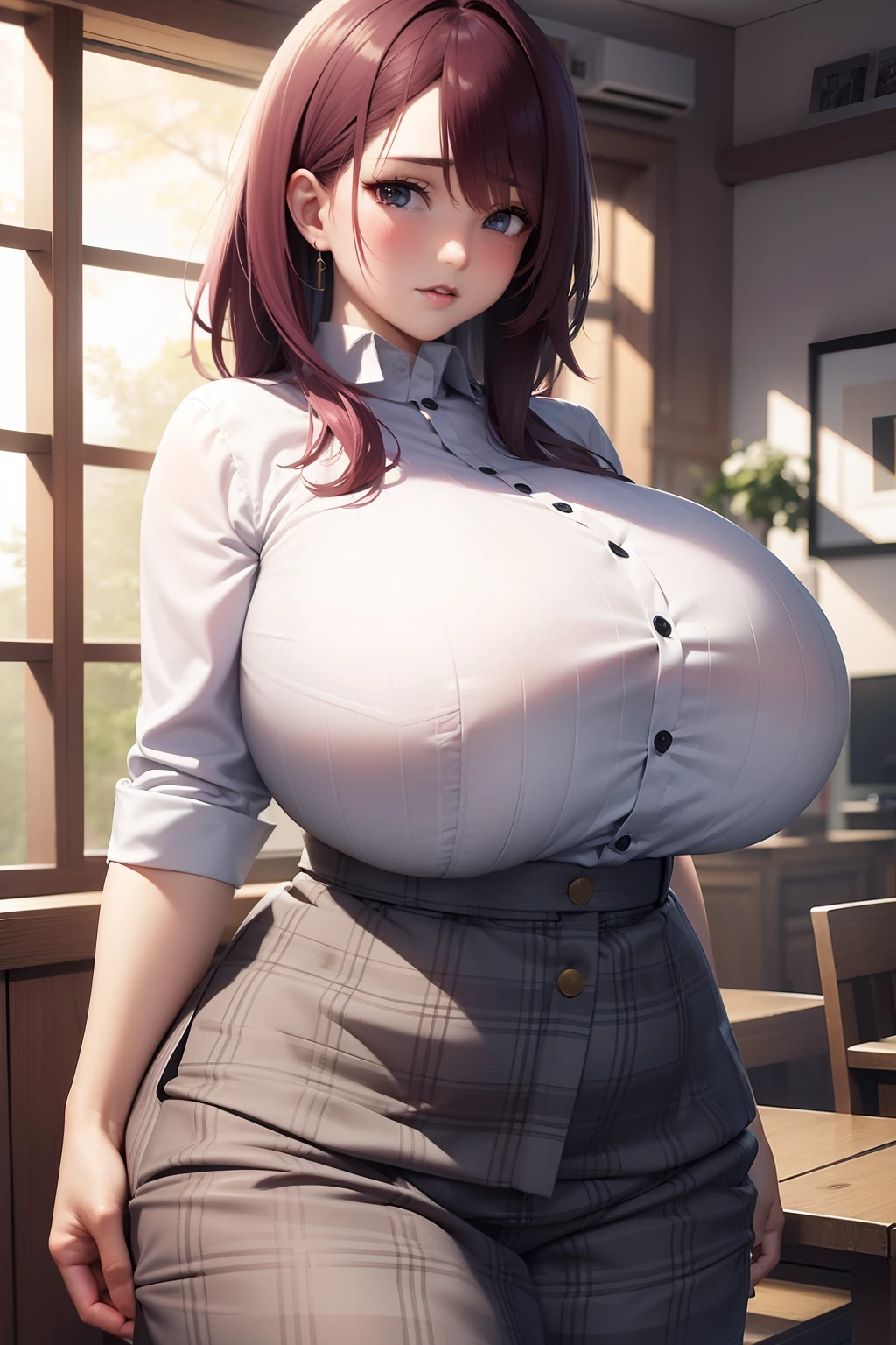 Anime girl in skirt posing in a room with a window, OPPAI, (SFW) Seguro para el trabajo, Proporciones OPPAI, Thicc, SFW pechos enormes, pechos grandes!, Colegiala hiperrealista, Anime CG arte suave, Una colegiala hiperrealista, con unos pechos grandes, pechos grandes!!, Pechos cubiertos y SFW, Detalles pesados, Pink hair