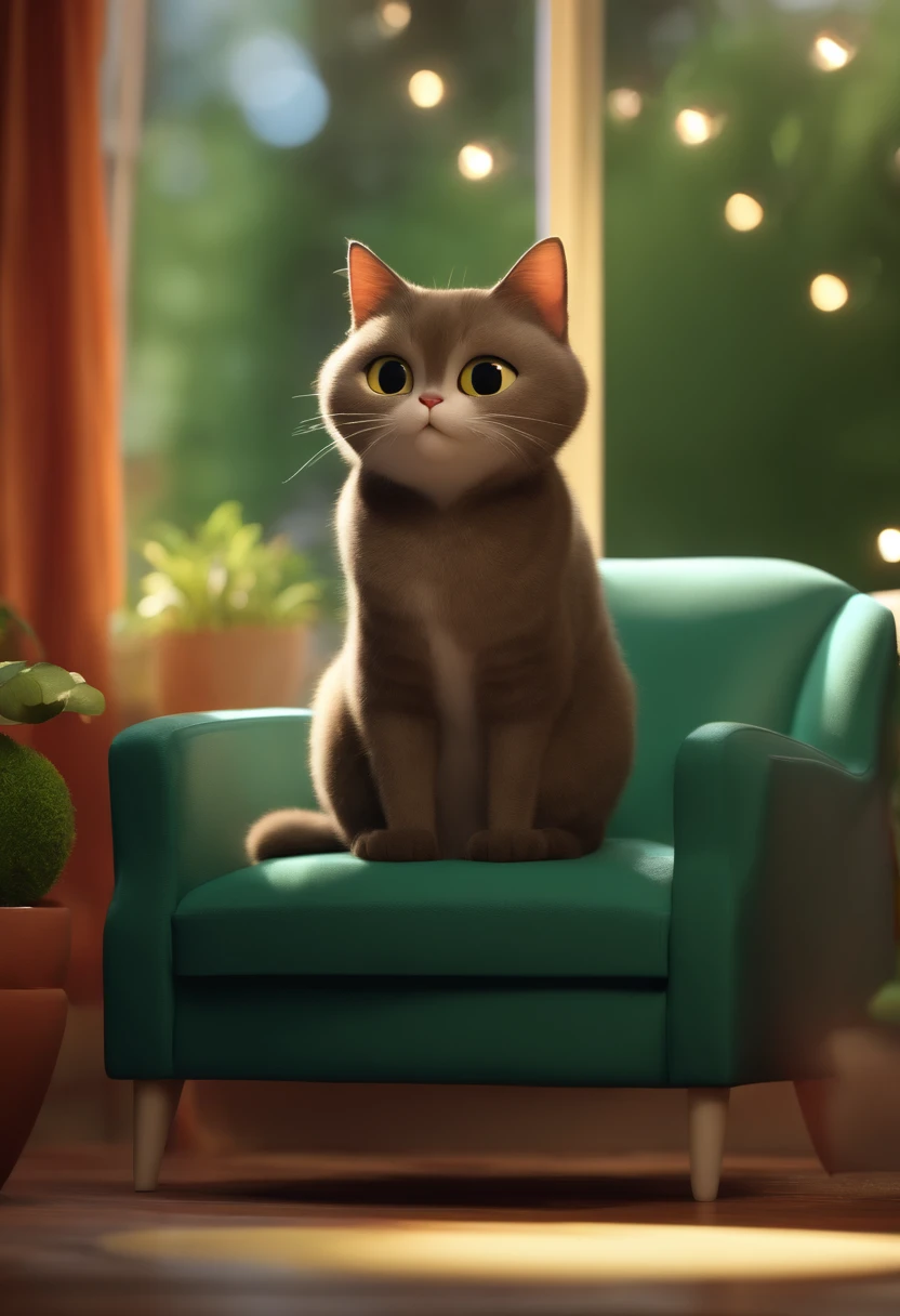 disney Cartoon character of a grey fat british short hair cat sitting on a green sofa, black wall and window to garden, vibrant yellowish light,animation character, Caractere estilizado, animation style rendering, 3D estilizado, Arnold Maya render, 3 d render stylized, toon render keyshot, Personagem 3D, Personagem 3D, 3d rendering stylized, 3 d character render, personagem de desenho animado, Personagem de close up, Pose de personagem, (Estilo Pixar) (master part:1.2) (Bokeh) (best quality) (pele detalhada) (textura detalhada) (8k) (argila) (Cinematic lighting) (foco nítido