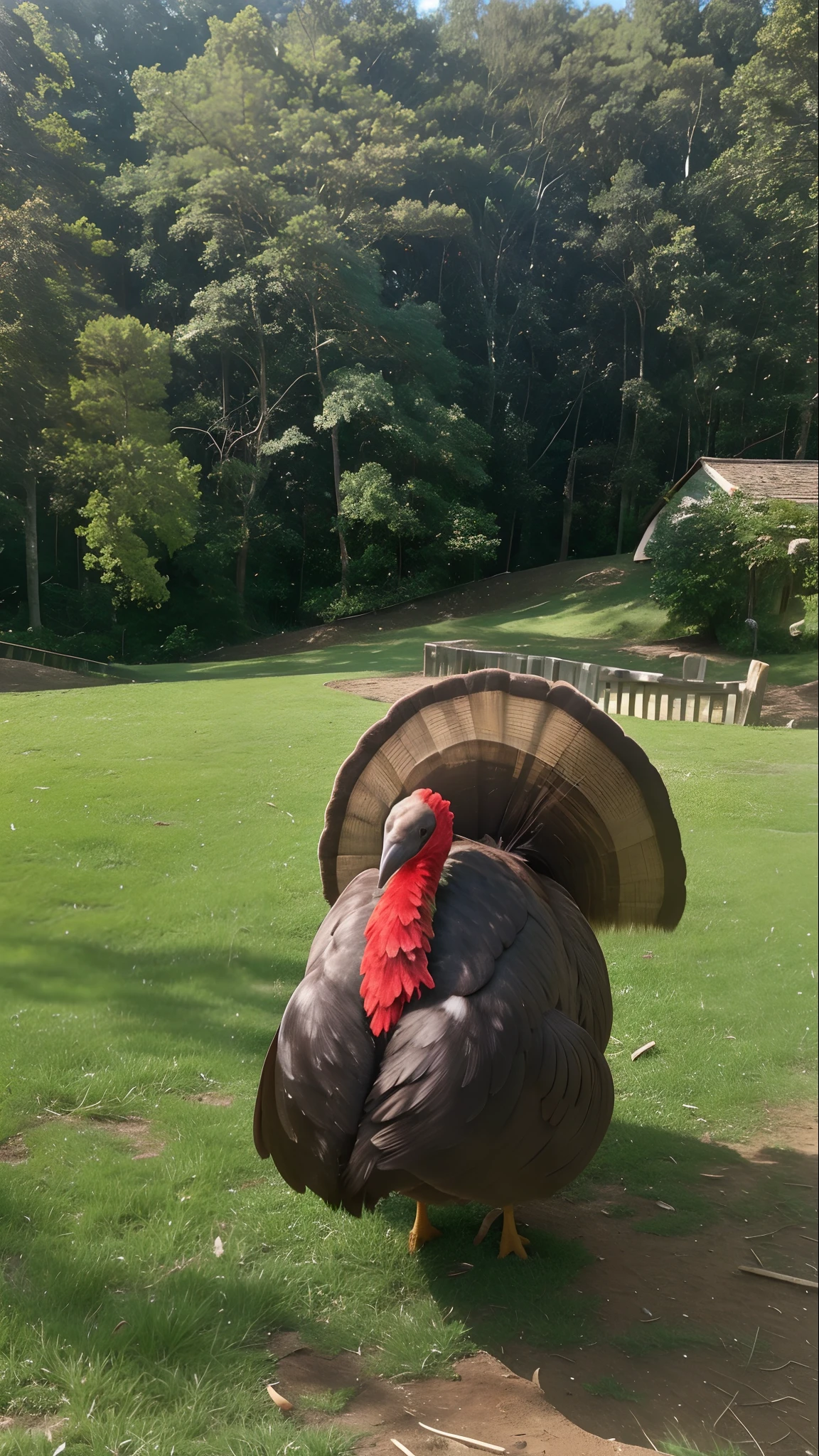 There's a turkey that's standing on the grass, Looking towards the camera, Outside, posing for the camera, tiro por cima do ombro, Posando!!, nas patas traseiras, fazendo uma pose elegante, ele, Senhora bonita, looking away from camera, Photo taken from behind, olhar orgulhoso, Close to the camera, orgulhoso olhando para longe, looks into the camera
