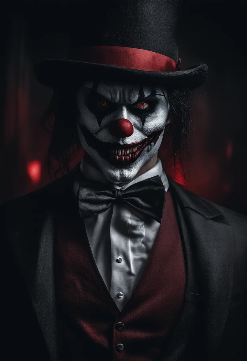 Waist up, man with spooky clown makeup, long black hair, red pupils, red and black tuxedo, black fedora hat, wide smile with fangs