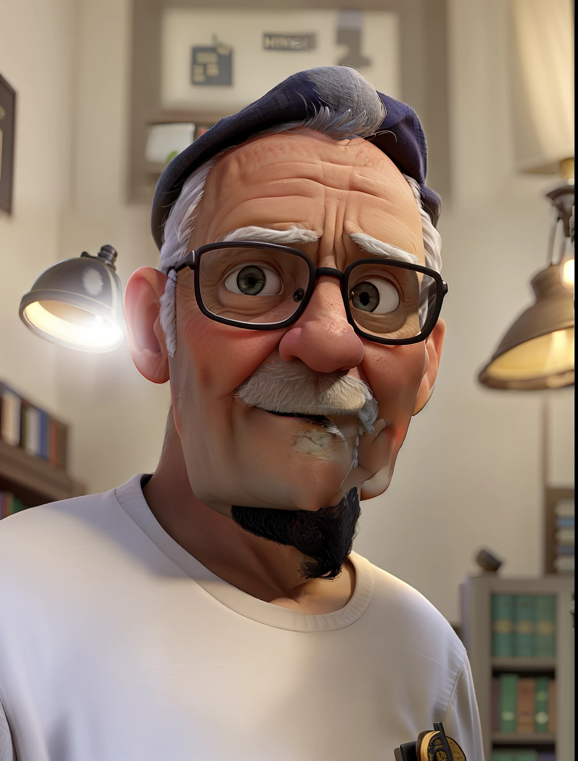 A wise old man standing in front, illuminated by the light of a lamp, against the backdrop of a library