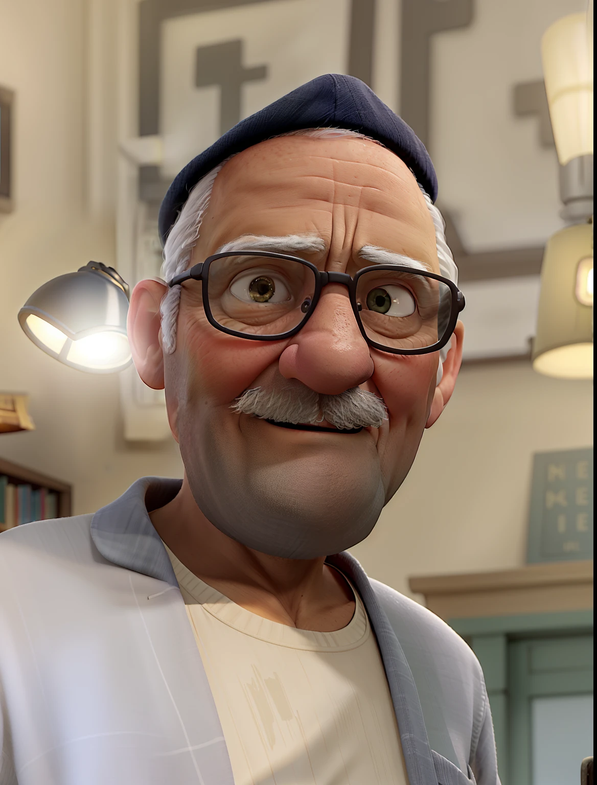 A wise old man standing in front, illuminated by the light of a lamp, against the backdrop of a library