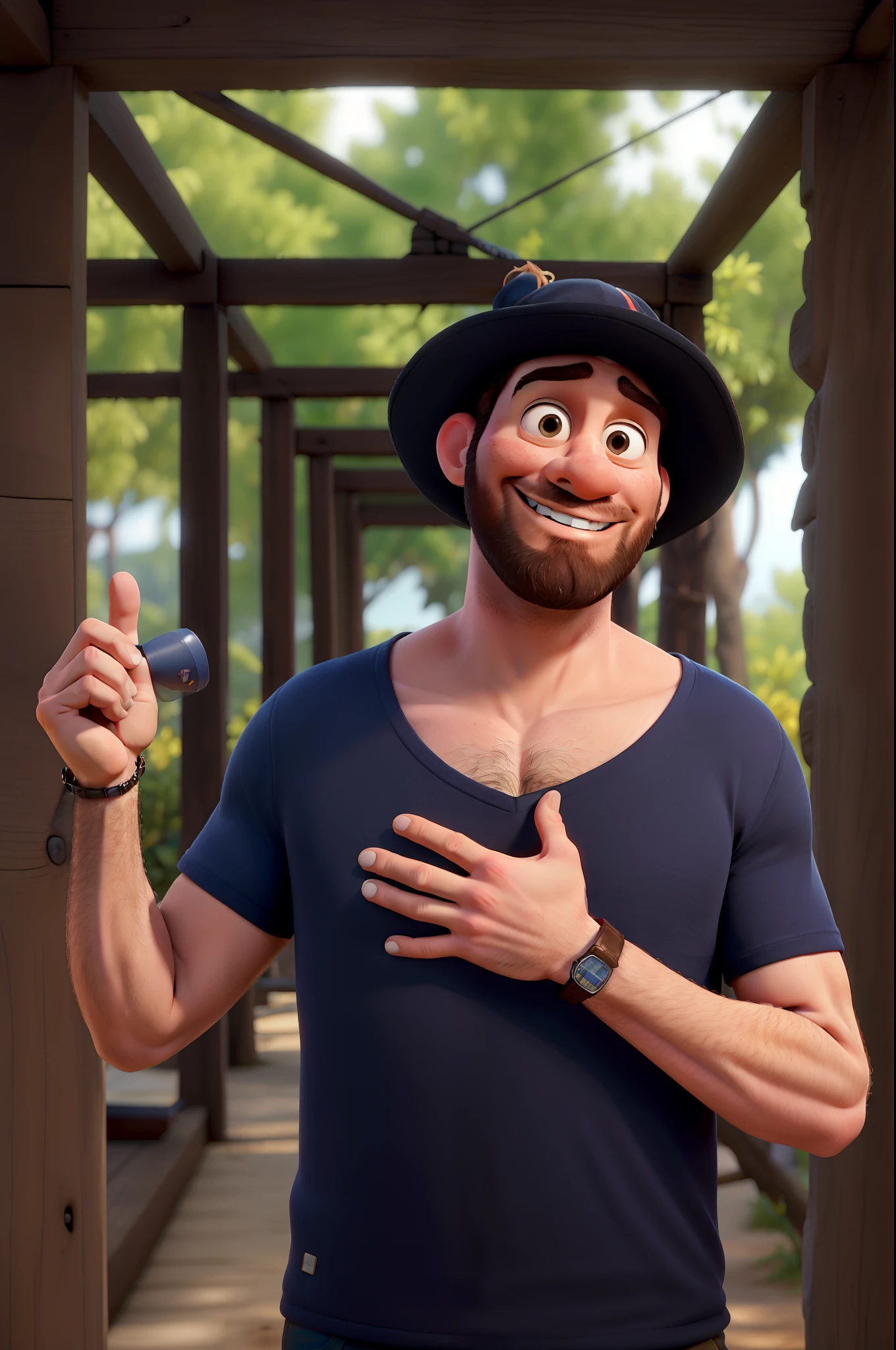 A 36-year-old man in a disney pixar style beard hat, alta qualidade, melhor qualidade