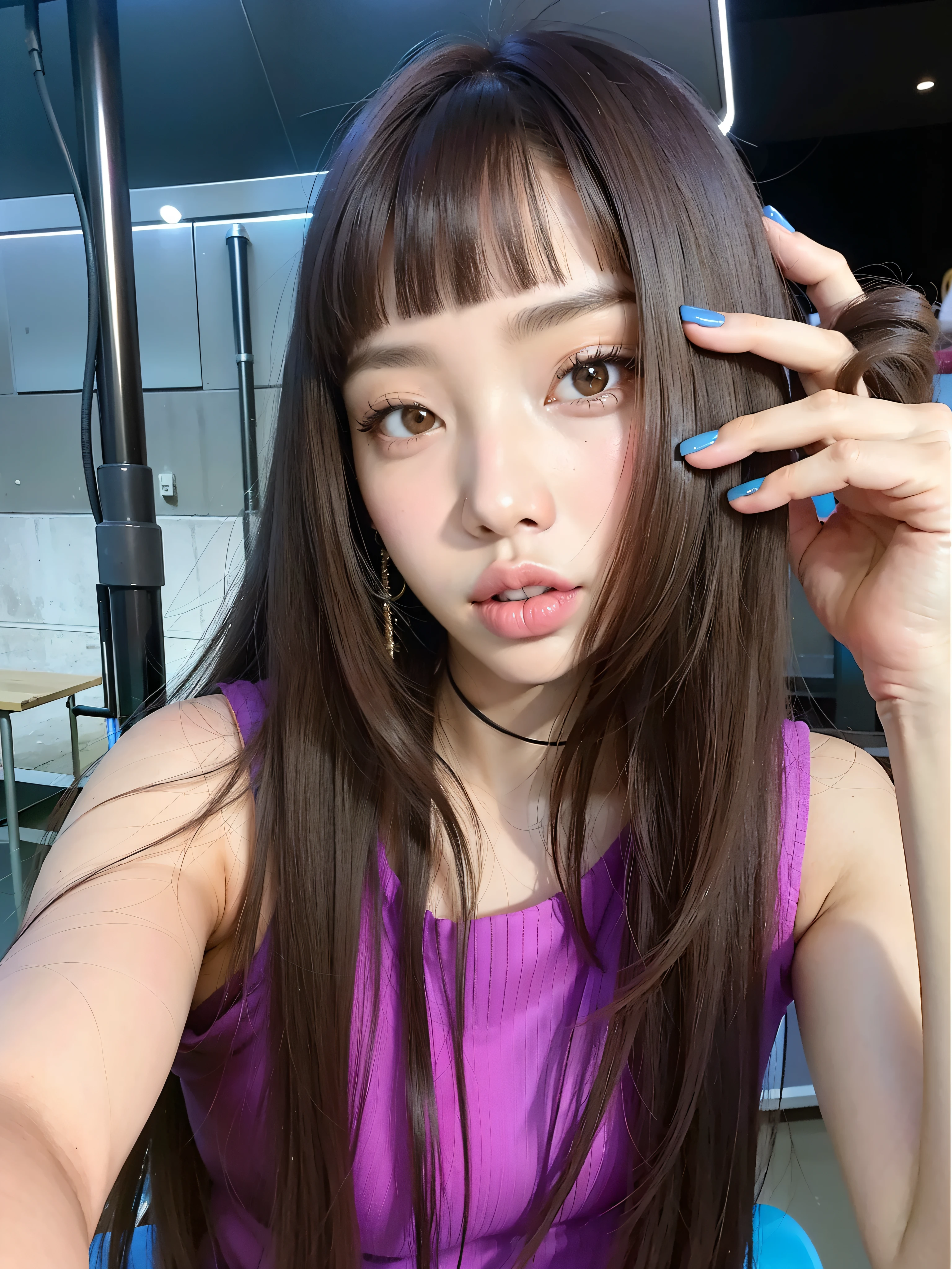 Arafed Asian woman with long hair and a purple blouse, Lalisa Manobal, Lalisa Manoban de Blackpink, El Corte Hime, Jossi de Blackpink, con flequillo, con flequillo completo, Blackpink Jennie, Cabello largo con flequillo completo, Jaeyeon Nam, Hermosa Delphine, Shikamimi, Pelo largo con flequillo, Parque Roseanne de Blackpink