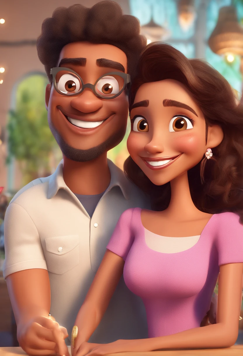 An illustration of an adorable couple, Highlight for a chubby mulatto man with glasses smiling and a brunette woman with beautiful expressive eyes - the man's skin is mulatto and the man's hair haswhile the woman's skin is black and the woman's hair is straight and brown. They are a bright room, cada um com um sorriso no rosto, e compartilhar um momento especial caracterizado pelo amor, Insights. Illustrate this scene from a perspective where they are facing the camera, Smiling and Showing Your Connection. Desenvolva esta arte em Full HD, Focus on your cinematic touch, Estilo Disney Pixar Animations