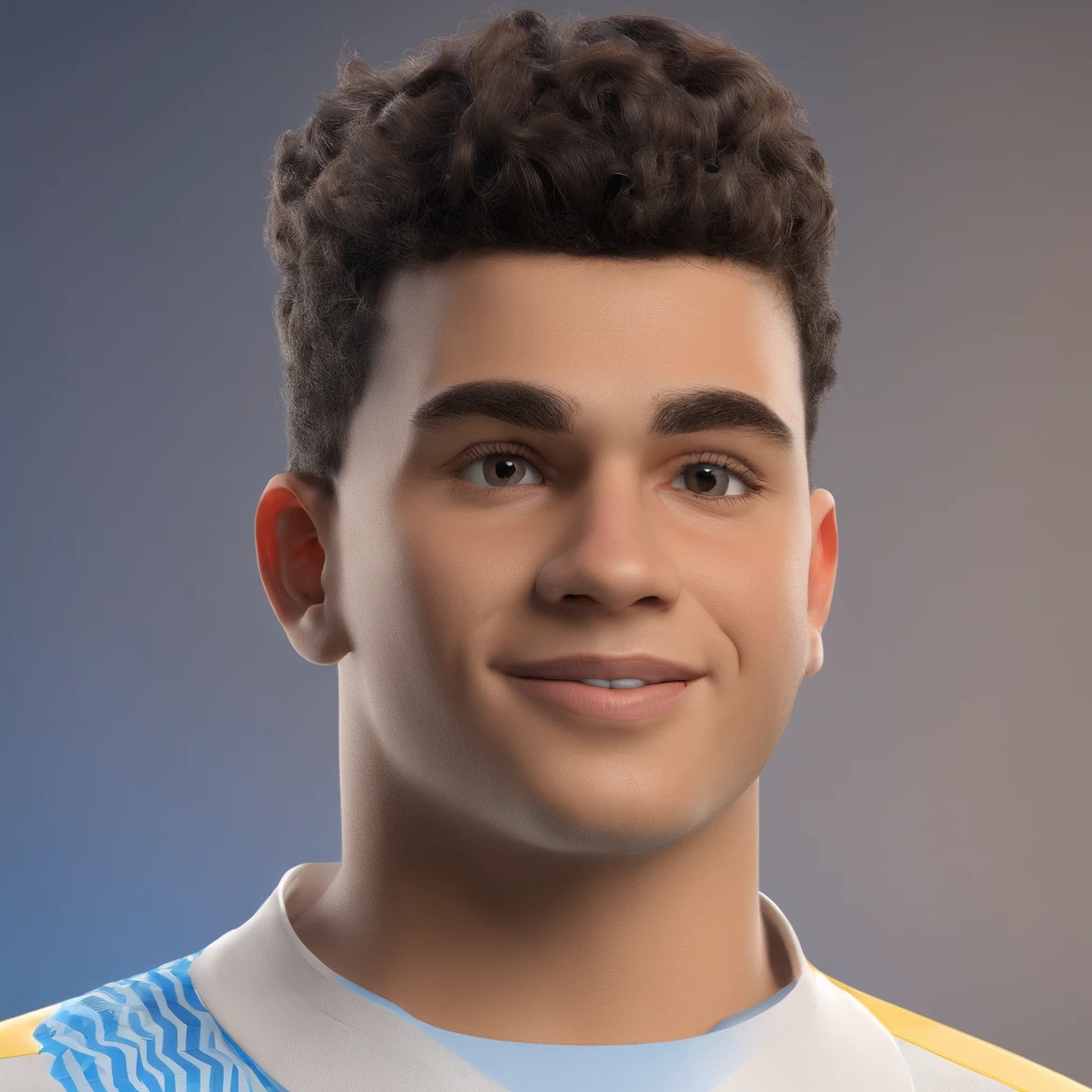 I'm João Victor, I'm 13 years old, rosto fino, cabelo raspadinho dos lados com um topete, olhos castanhos e uso camisa de time de futebol listrada nas cores azul, preto e branco