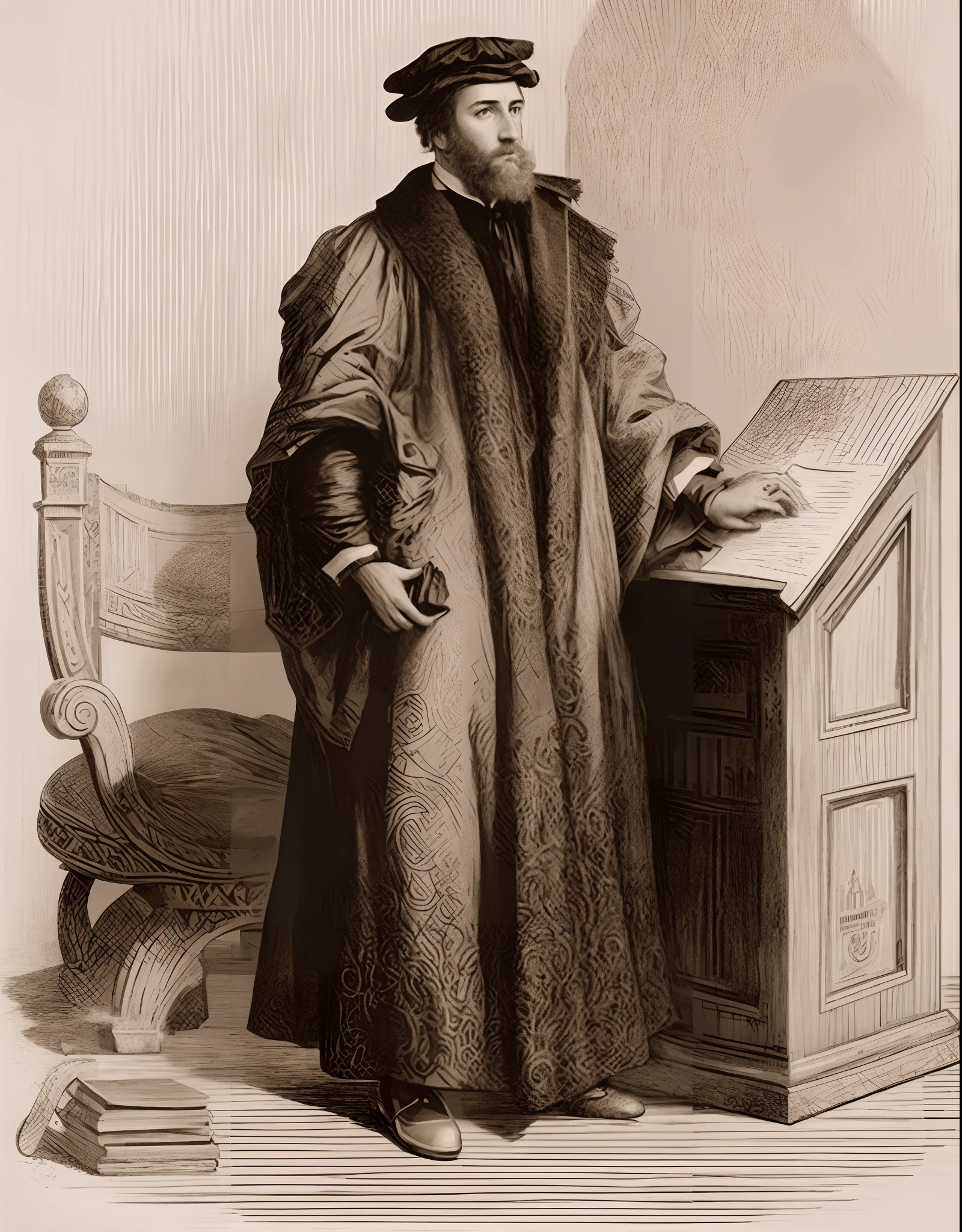 um desenho de um homem com um casaco de pele ao lado de uma mesa, estudioso renascentista vestido, a mid-nineteenth century engraving, Directed by: Aertgen van Leyden, Directed by: Joseph von Führich, vestindo capa de pele, Directed by: Philip de Koninck, 19th century wood-engraving, Anatomy Vesálio, Hieronymus Boch