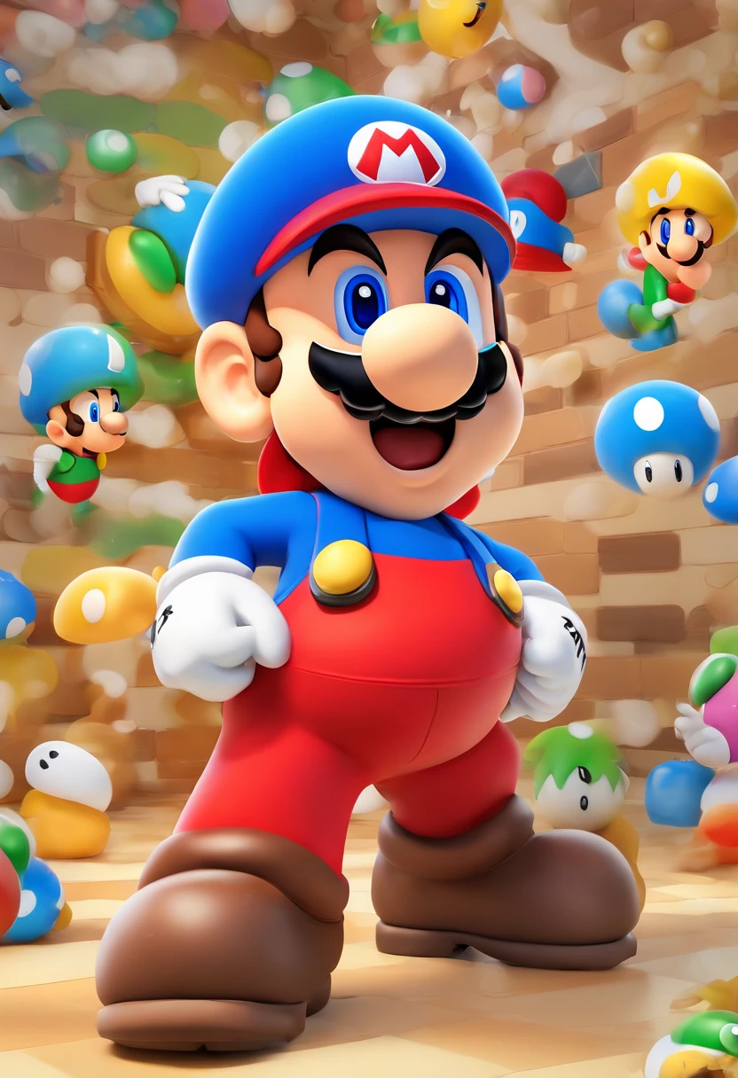 (Mario), design de personagens, Nintendo Super Mario, (olhos azuis, red hat, terno vermelho, blue suspenders, luvas brancas, )super bonito estilo caixa cega, Chibi, corpo inteiro, exaggerated expressions and actions, fundo limpo, Destaques iridescentes brilhantes, studio lighting, Atmospheric Illumination, com textura requintada, High detail, high resolution, c4d, ..3d, Liquidificador, 8k, best quality, Ultra High Definition, in a building materials store with the name AKI TEM