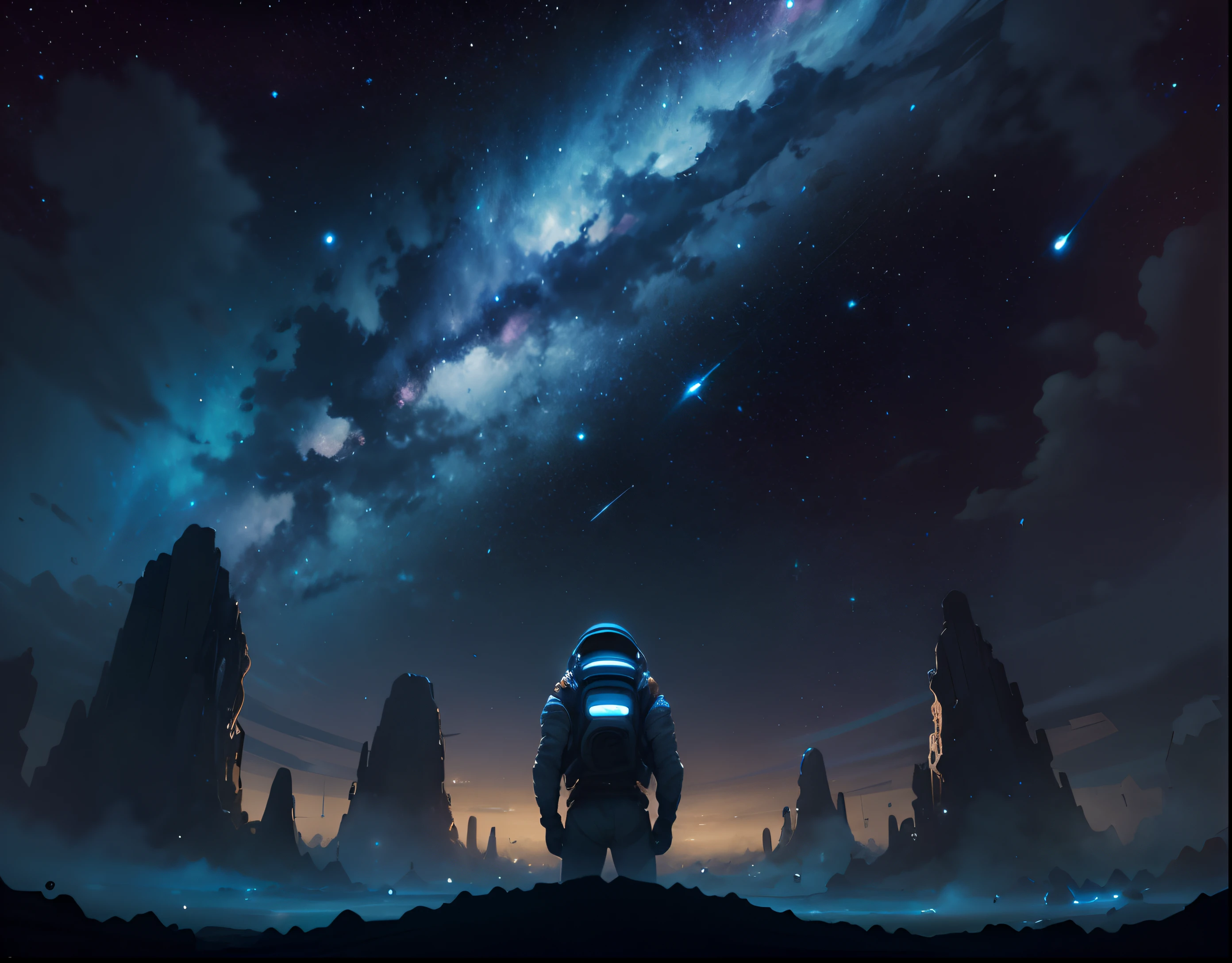Produce a high-quality image with advanced levels of detail and cinematic style. The scene is supposed to depict outer space, with a deep blue galaxy in the background, Filled with countless twinkling stars. The angle of view should simulate the perspective of being inside a spacecraft, Looking out the window to contemplate the vastness of the universe