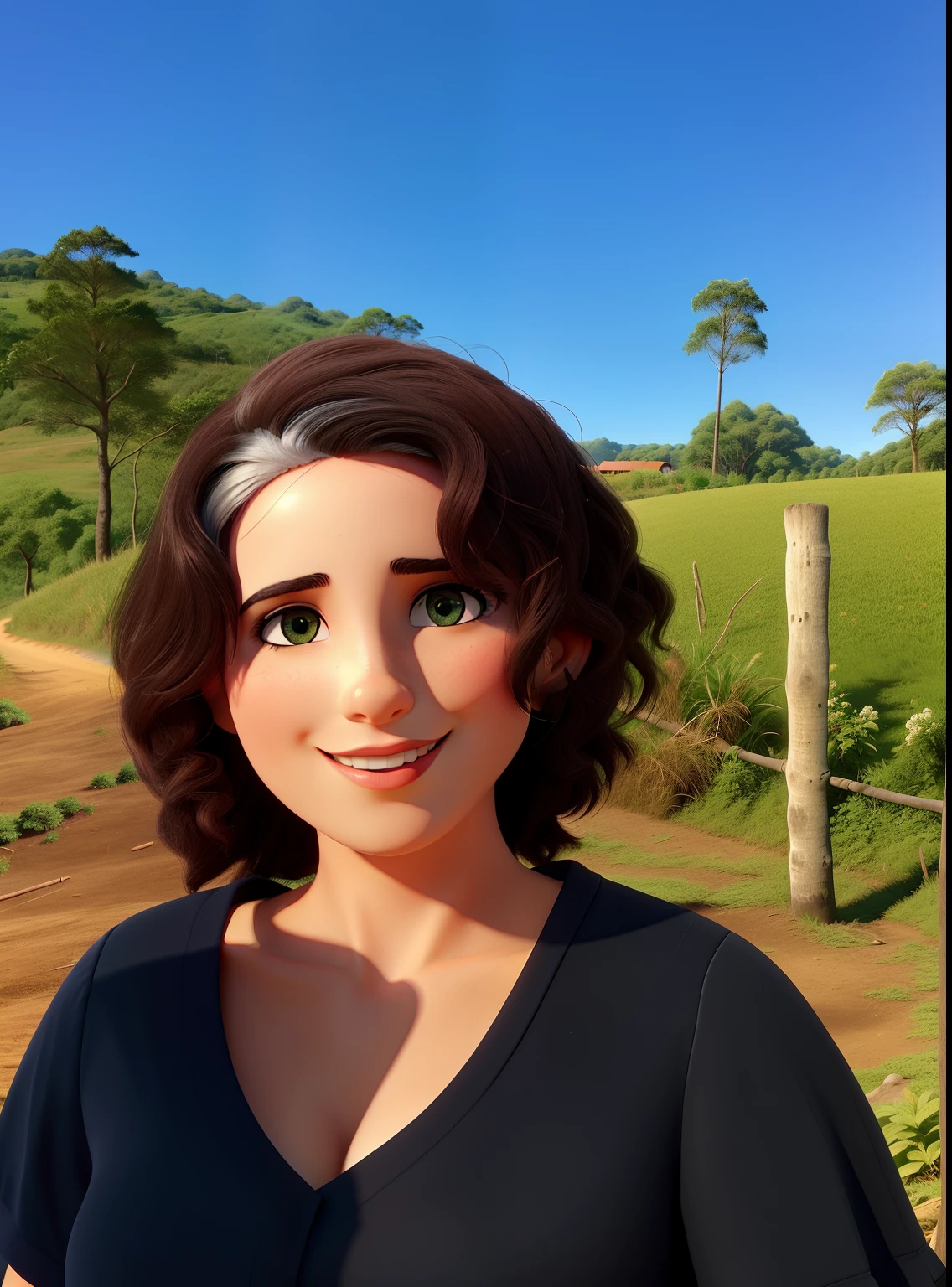 Uma linda mulher ao sol em uma paisagem de natureza rural.