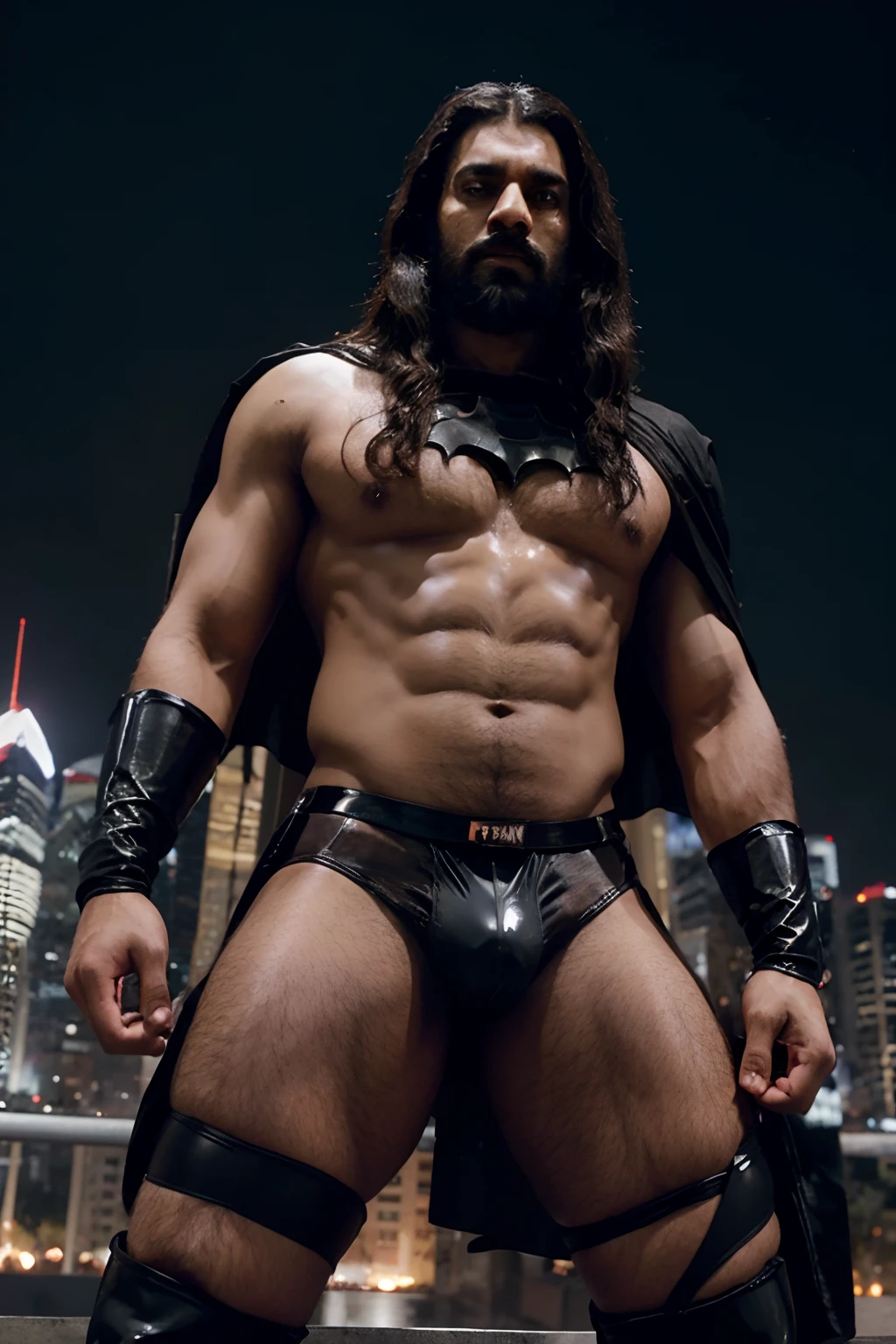 Indian Man in Shiny Tight Black Latex Short Underpants, Bare Body, Medium Long curly Hair falling aside face, Beards, Black Cape, Batman Symbol Black Belt, Big Dick, Bulky Physique, Dominating for Sex, Whip in hand, Flaunting his Big Dick under his underwear, Hairy Body, Dark Semi-ruined Cyberpunk City in Background