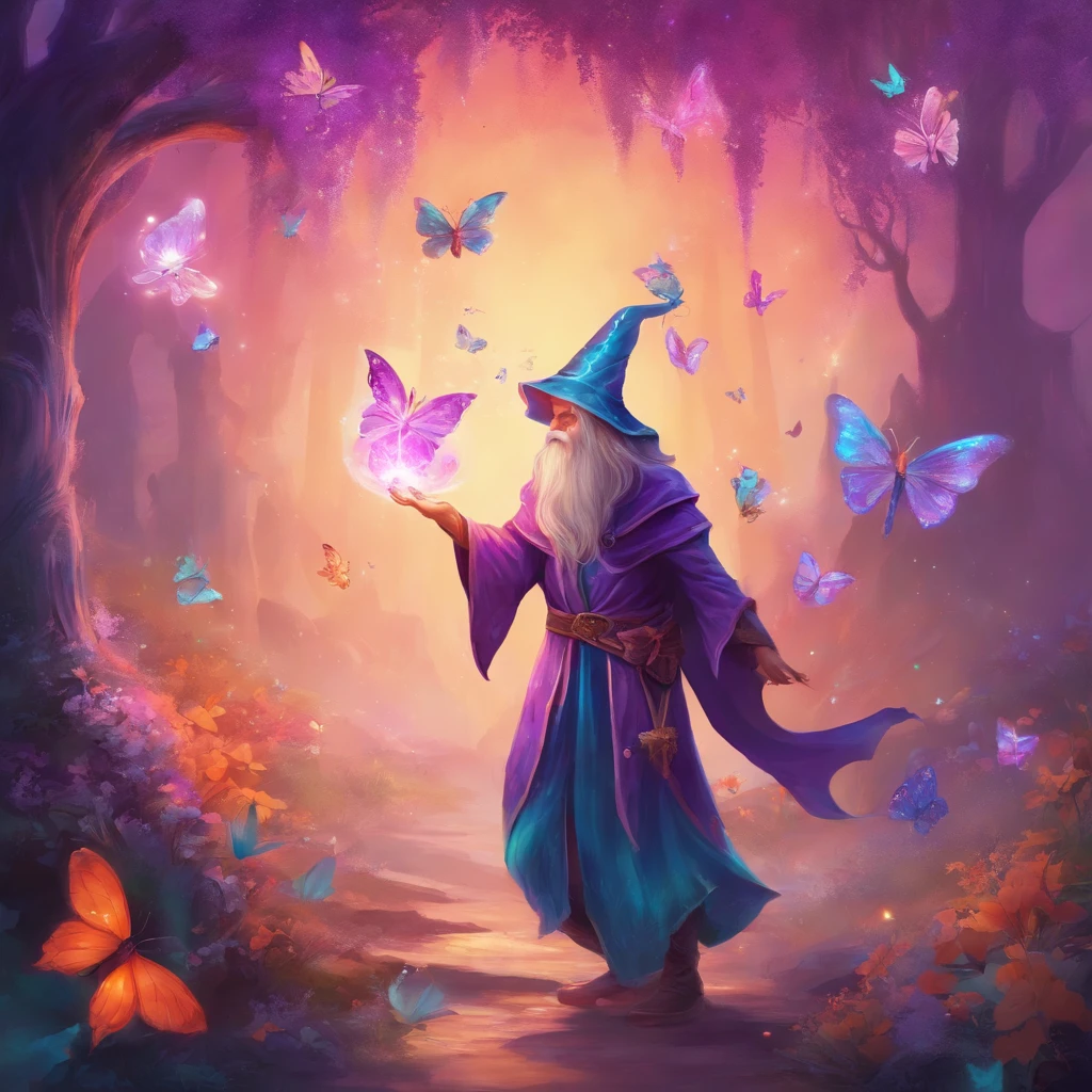 Wizard and a fairy making candy with butterflies behind purple and turquoise colors