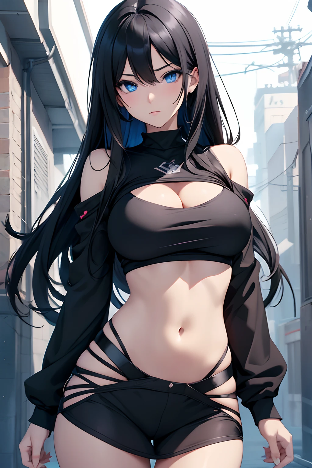 anime girl with black hair and blue eyes posing in a black top, seductive anime girl, (sfw) safe for work, smooth anime cg art, attractive anime girl, | fine detail anime, anime moe artstyle, revealing clothes, [ 4 k digital art ]!!, breasts covered and sfw, oppai, ecchi anime style, beautiful alluring anime woman